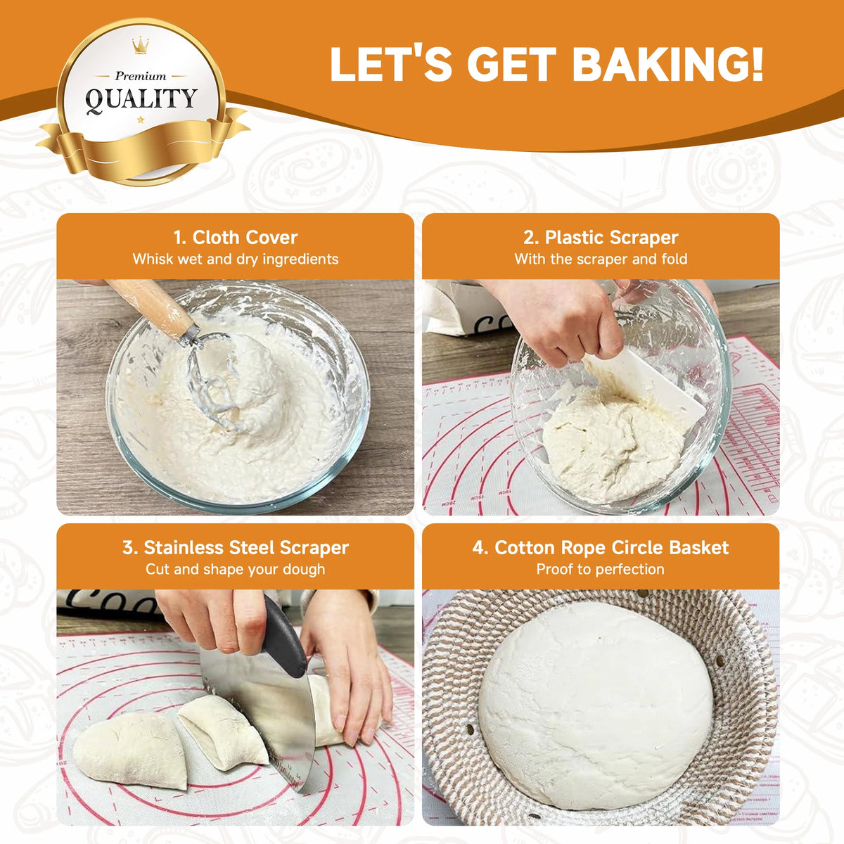 Beige 17-piece bread proofing basket set with 9-inch round and 10-inch oval bannetons, bread lame, dough whisk.