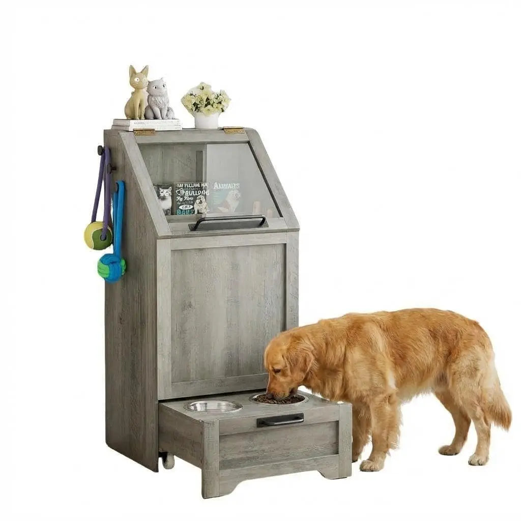HiMISS Dog Feeding Station With Storage Cabinet And Hanger