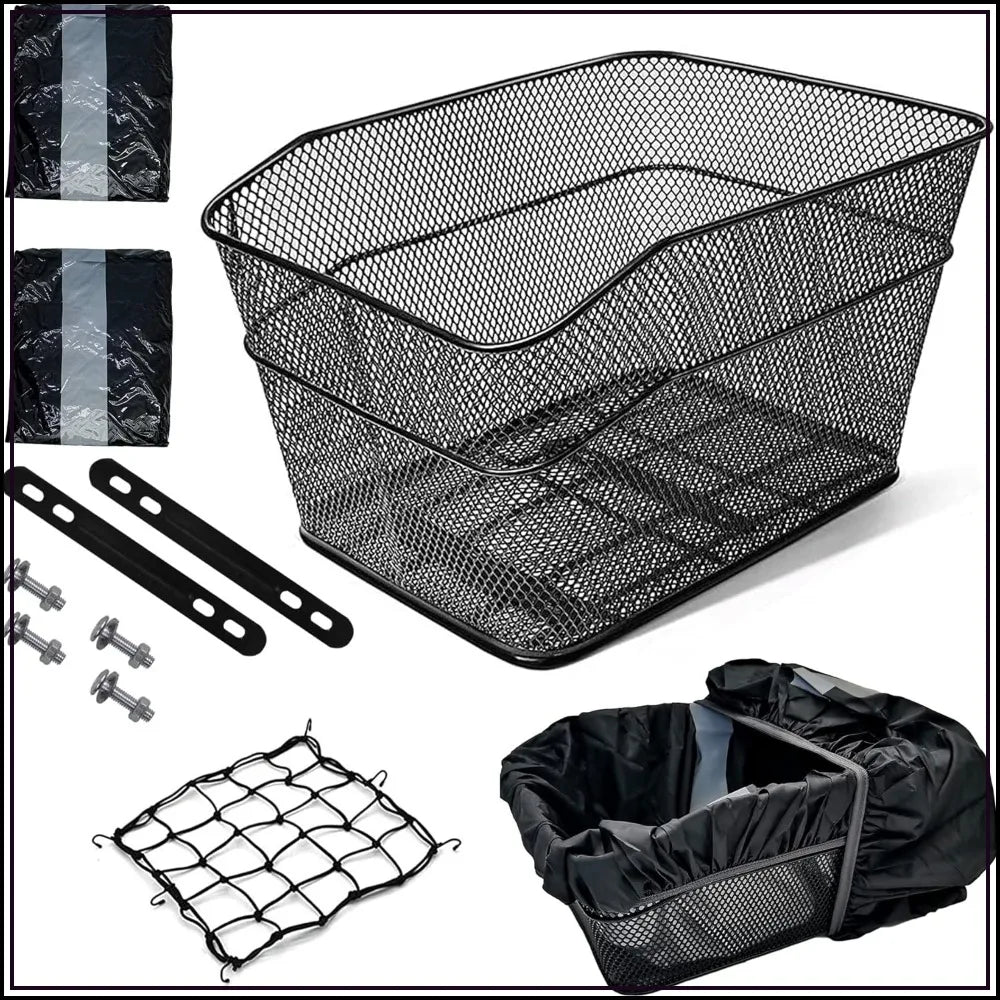 Rear Bike Basket With Easy Install Spider Webbing And Waterproof Tarp Cover by S And B Enterprise