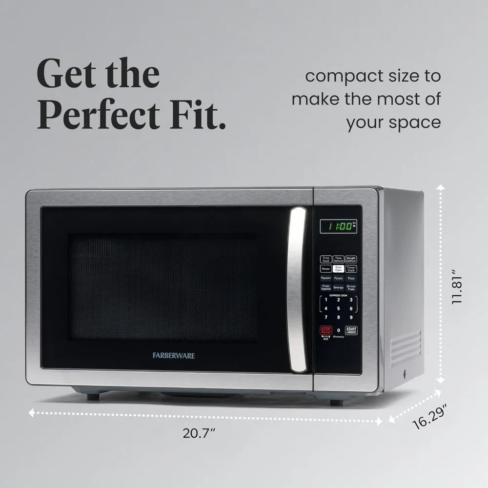 Farberware countertop microwave oven, stainless steel with a black door and digital control panel