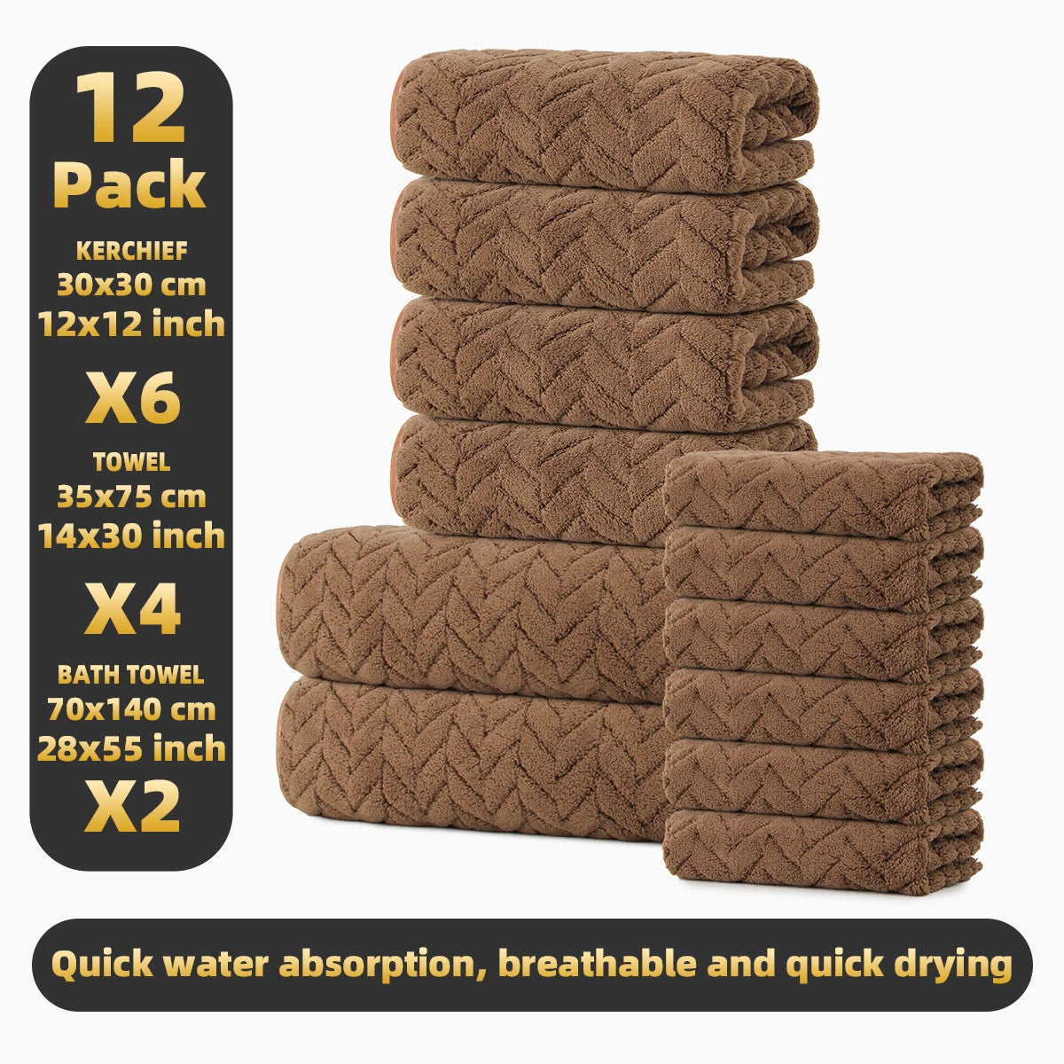 Towel set by S And B Enterprise in brown; 12-piece with 2 bath, 4 hand, 6 face towels; quick-absorbent.