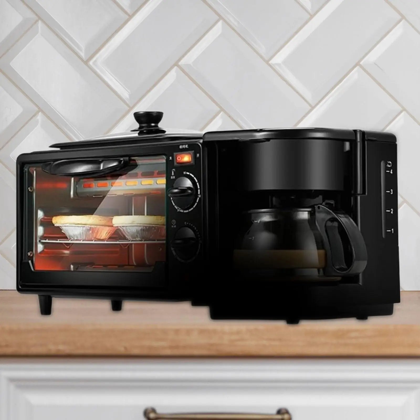 3 in 1 Breakfast Maker black toaster oven with glass lid and coffee maker