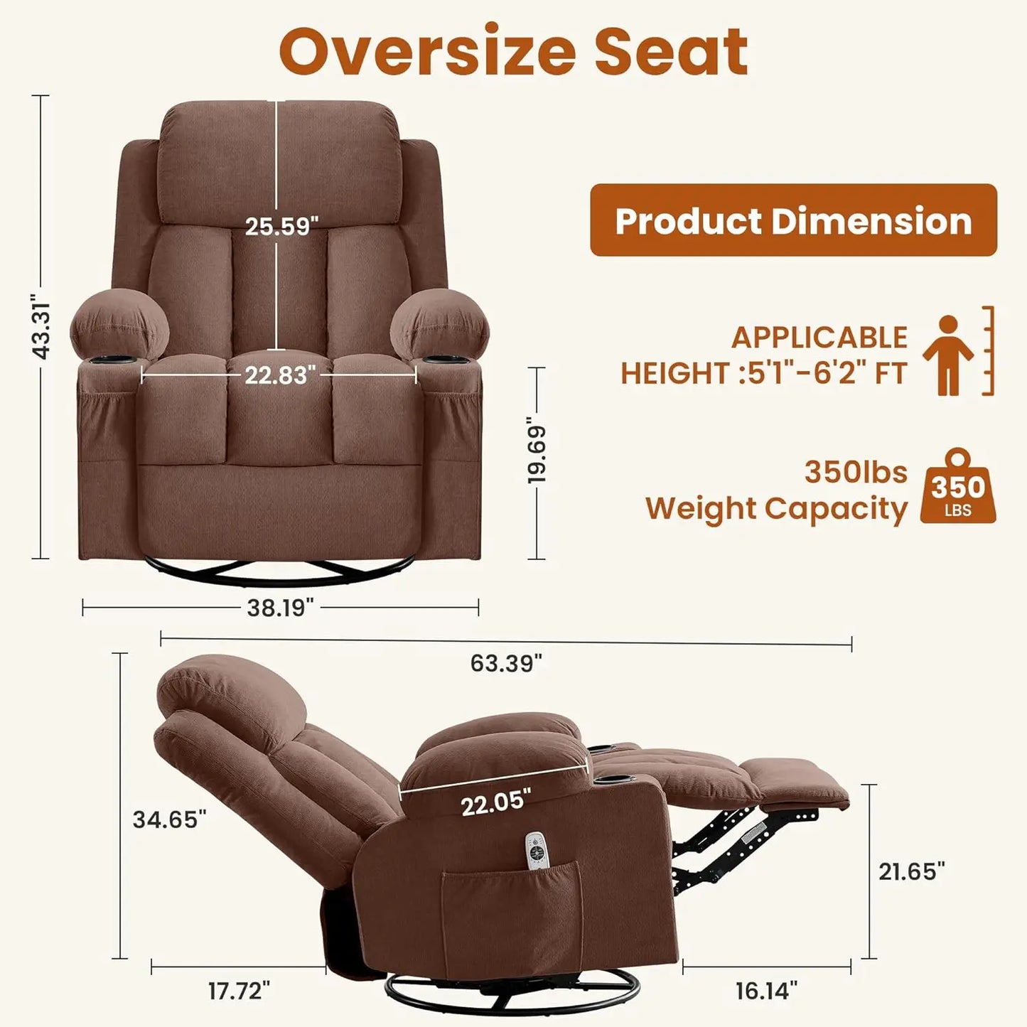 Swivel Rocker Recliner Chair With Vibration Massage Heat USB Port