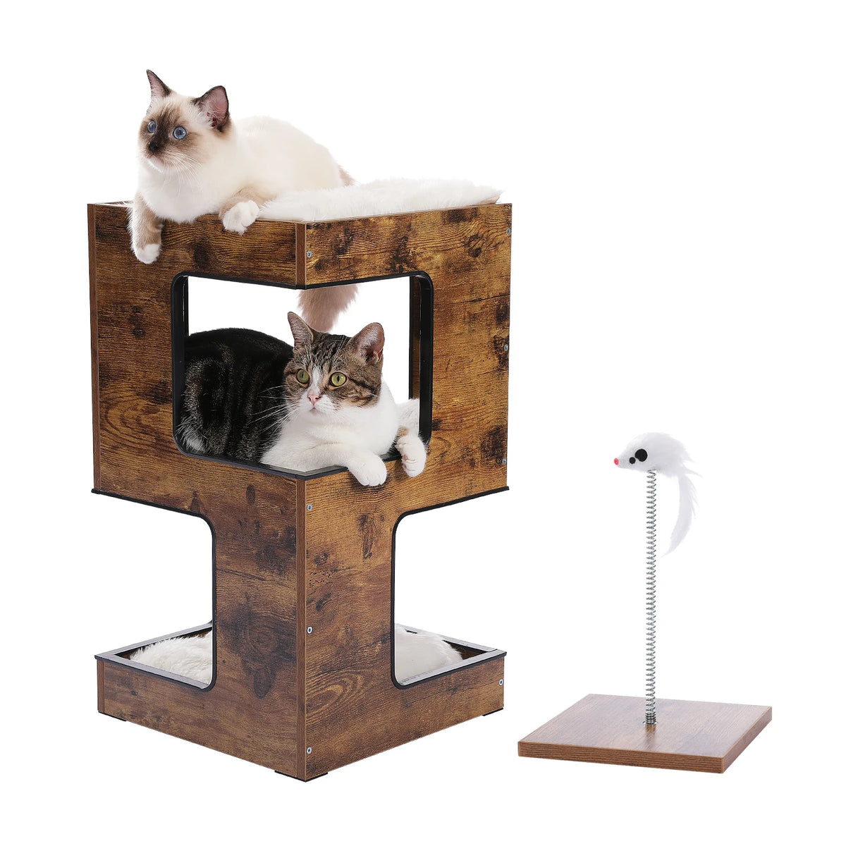 Wood cat condo with removable plush mats; two-level cat tree with scratching pad by S And B Enterprise