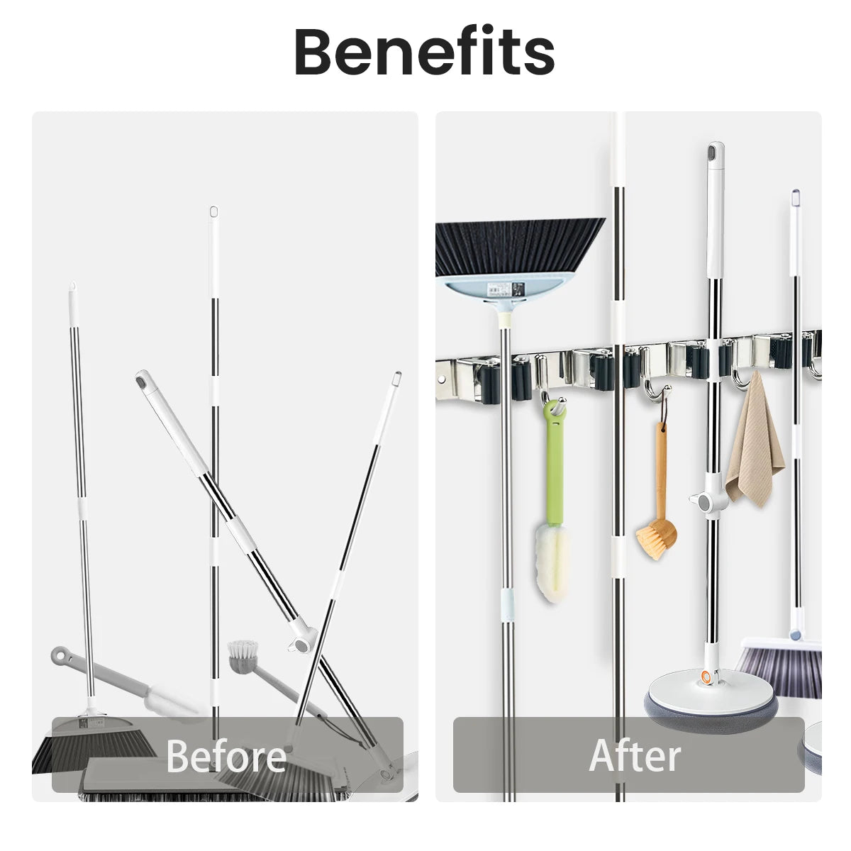 Stainless Steel 4 Hook Wall Mounted Mop And Broom Organizer