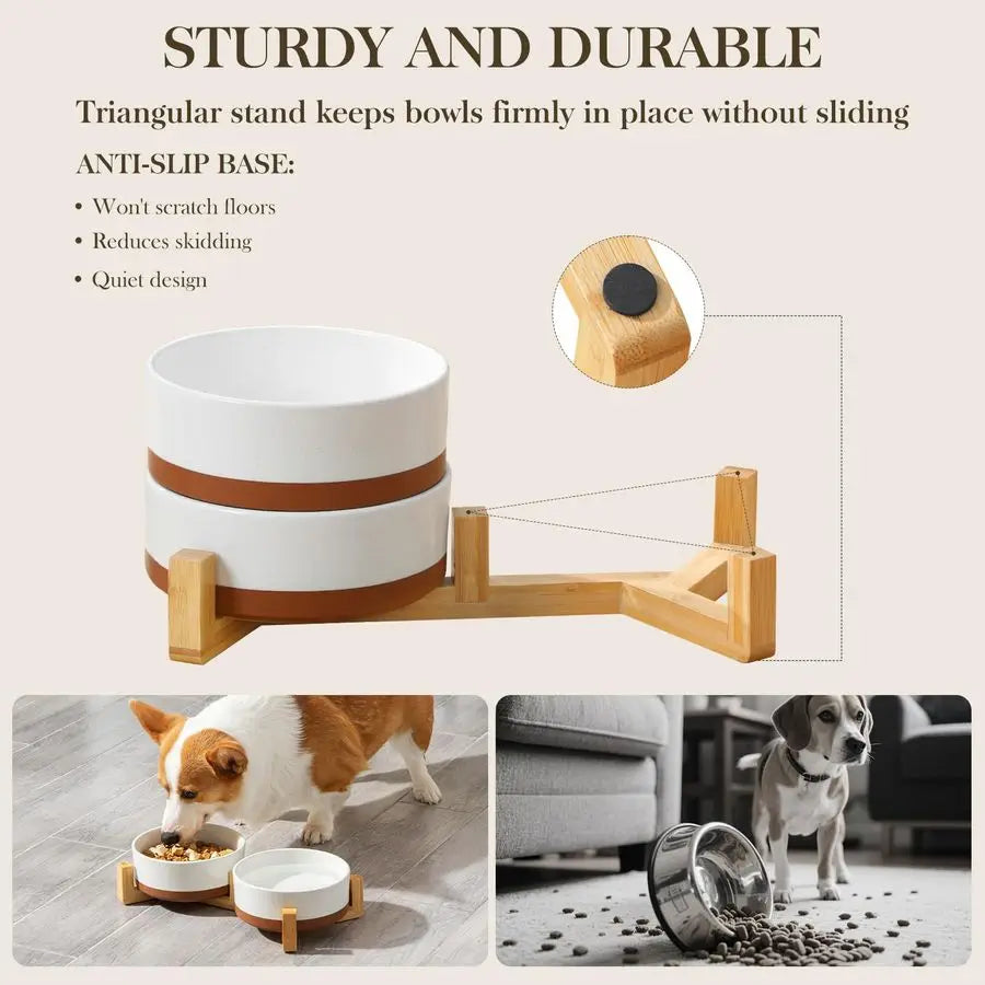 Ceramic Dog Bowls Set With Wood Stand Non Slip Base