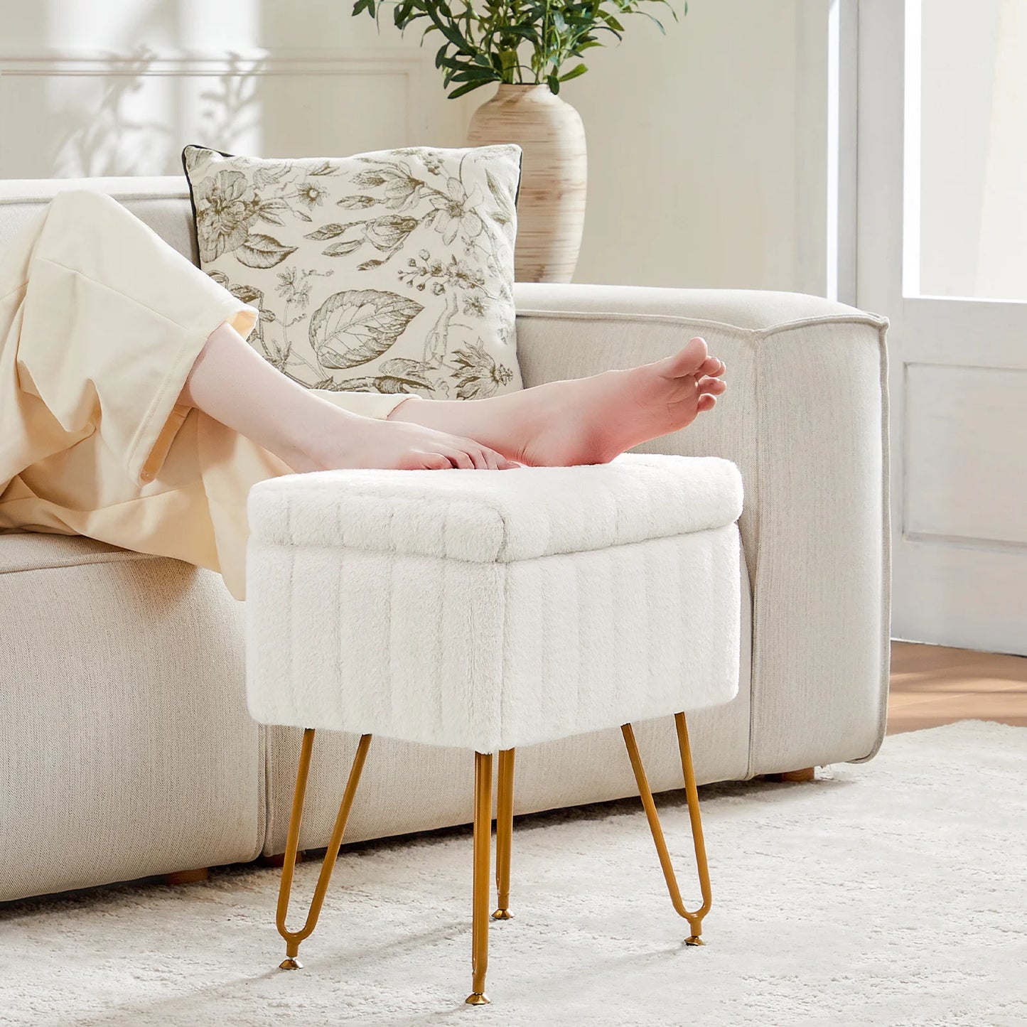 JHK Faux Fur Living Room Hidden Storage Stools & Ottomans Padded Makeup with 4 Metal Legs Anti-Slip Adjustable Feet for Home by S And B Enterprise