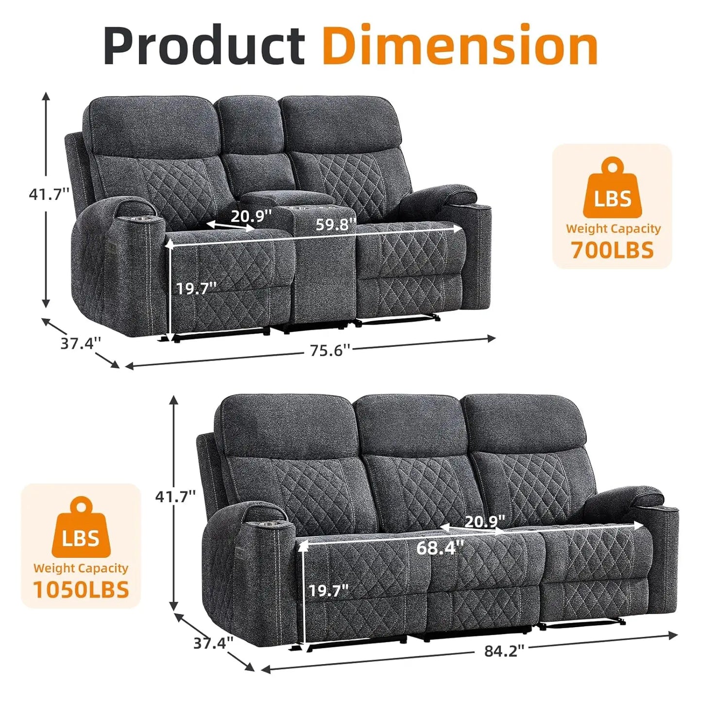 Power Reclining Sofa Set With Cup Holders USB Type C