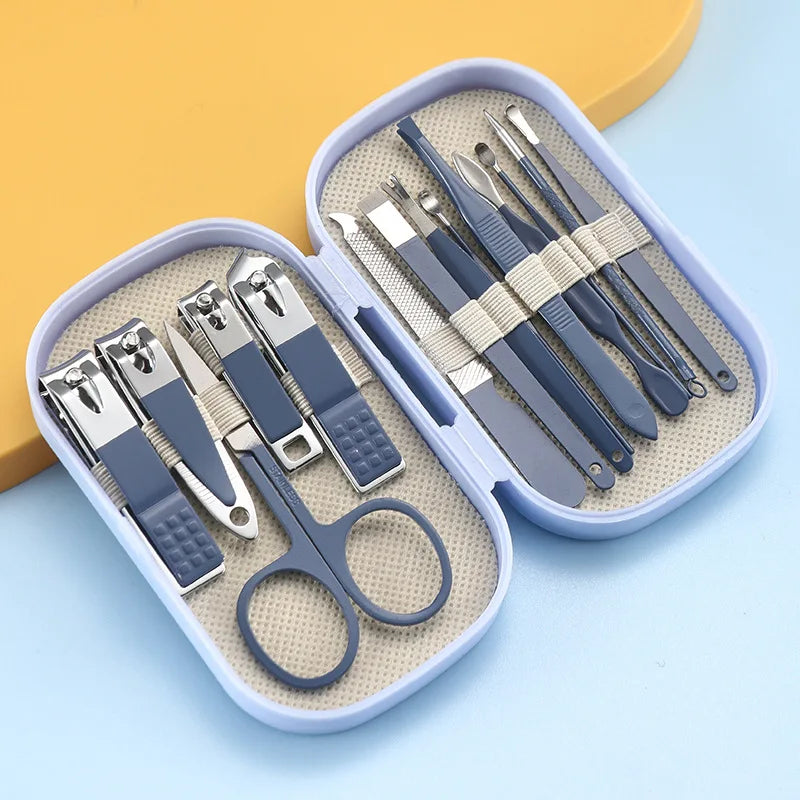 14 Piece Deluxe Manicure & Pedicure Set Pink And Blue Stainless Steel Nail Scissors, Clippers, Ear Digging Spoon for Men & Women by S And B Enterprise