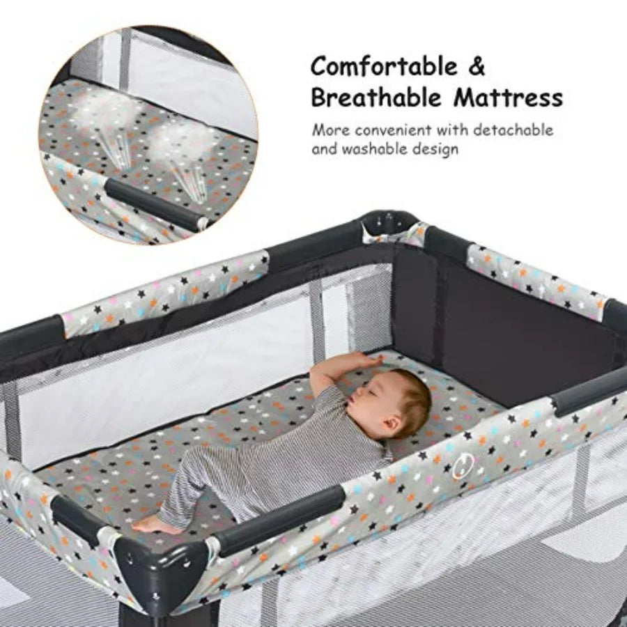 Portable Baby Playard With Bassinet Foldable Playpen Lightweight