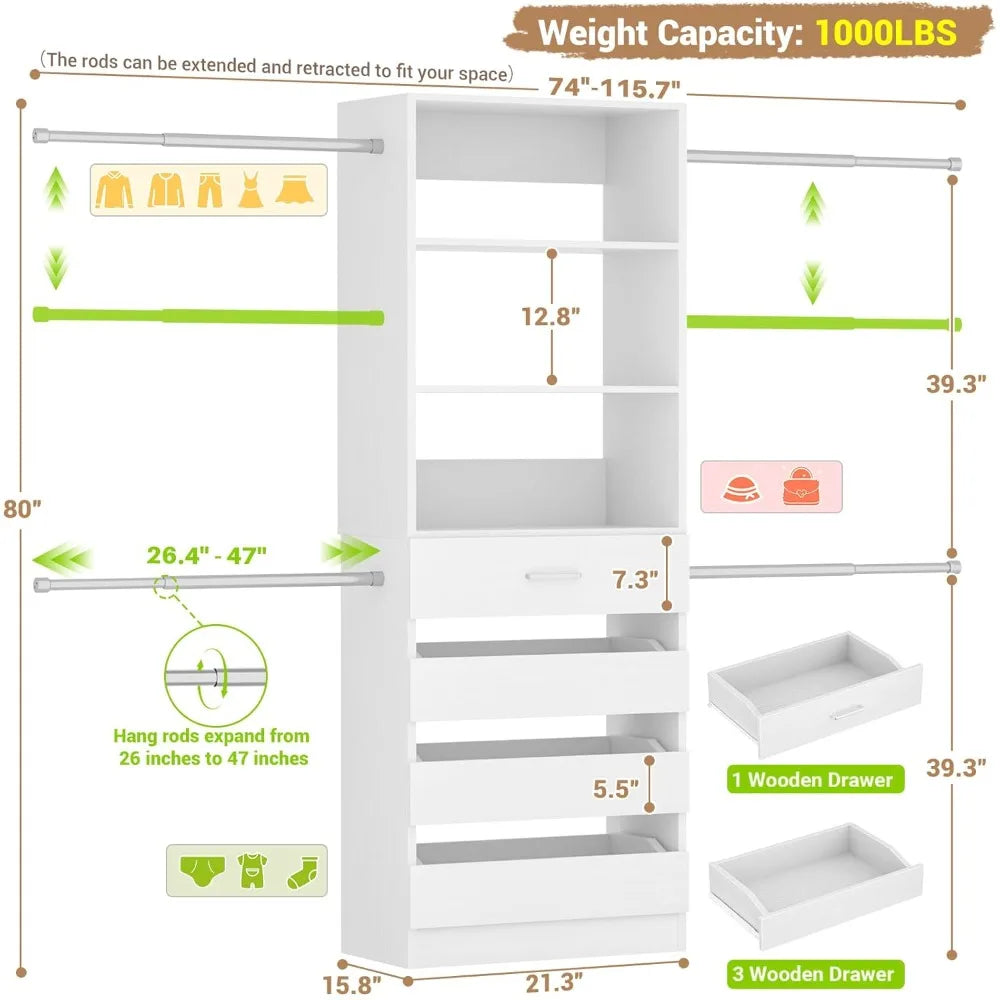 Wooden Closet Organizer System With Drawers And Tower
