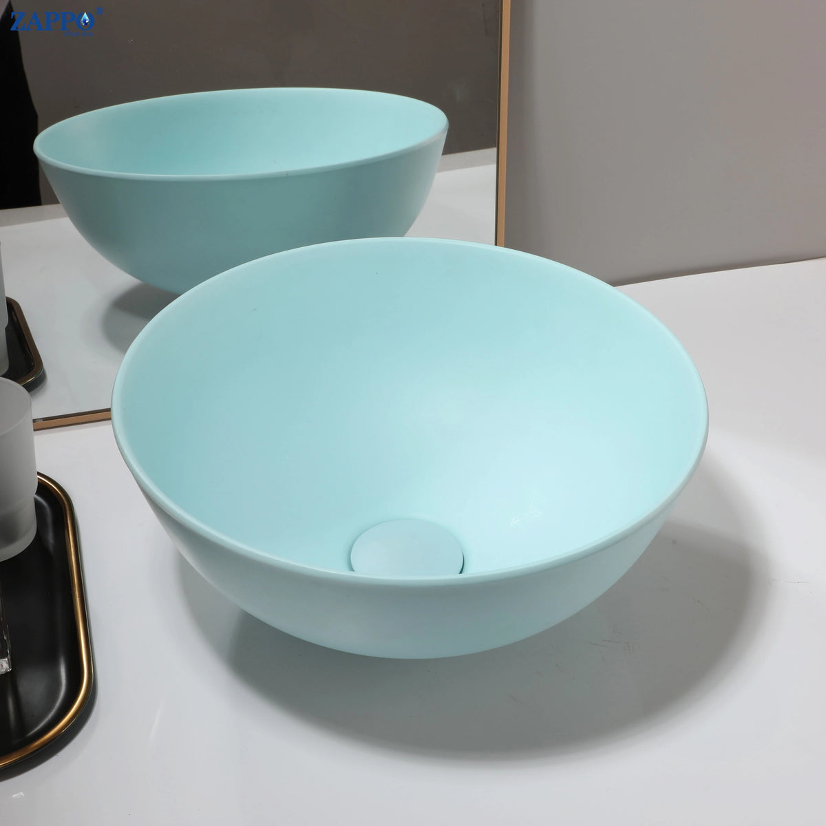 ZAPPO aqua round bathroom vessel sinks (set of 2) with drains; stone-resin above-counter bowls (no faucet)
