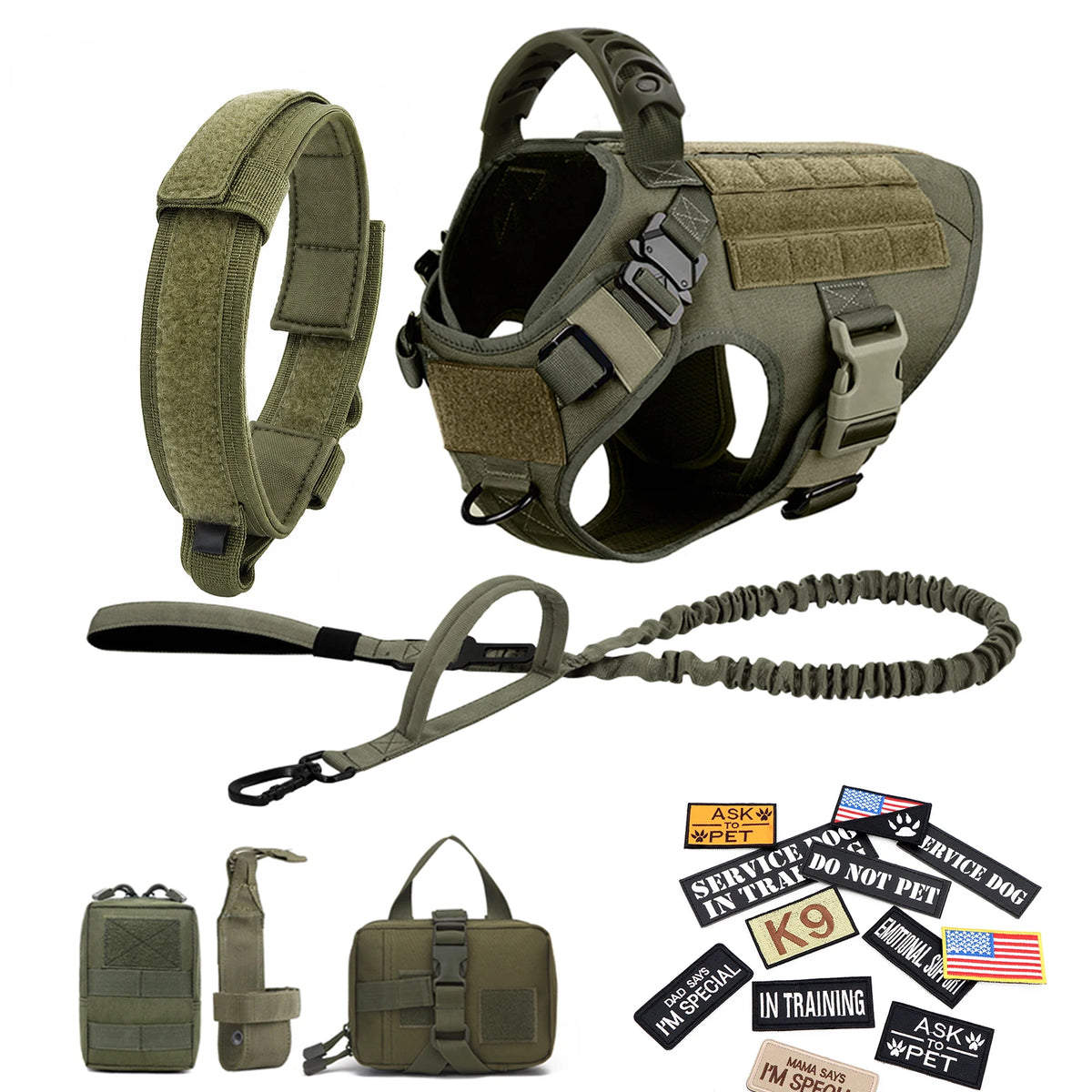 Military large dog harness set from S And B Enterprise with collar, leash and patches in olive drab.
