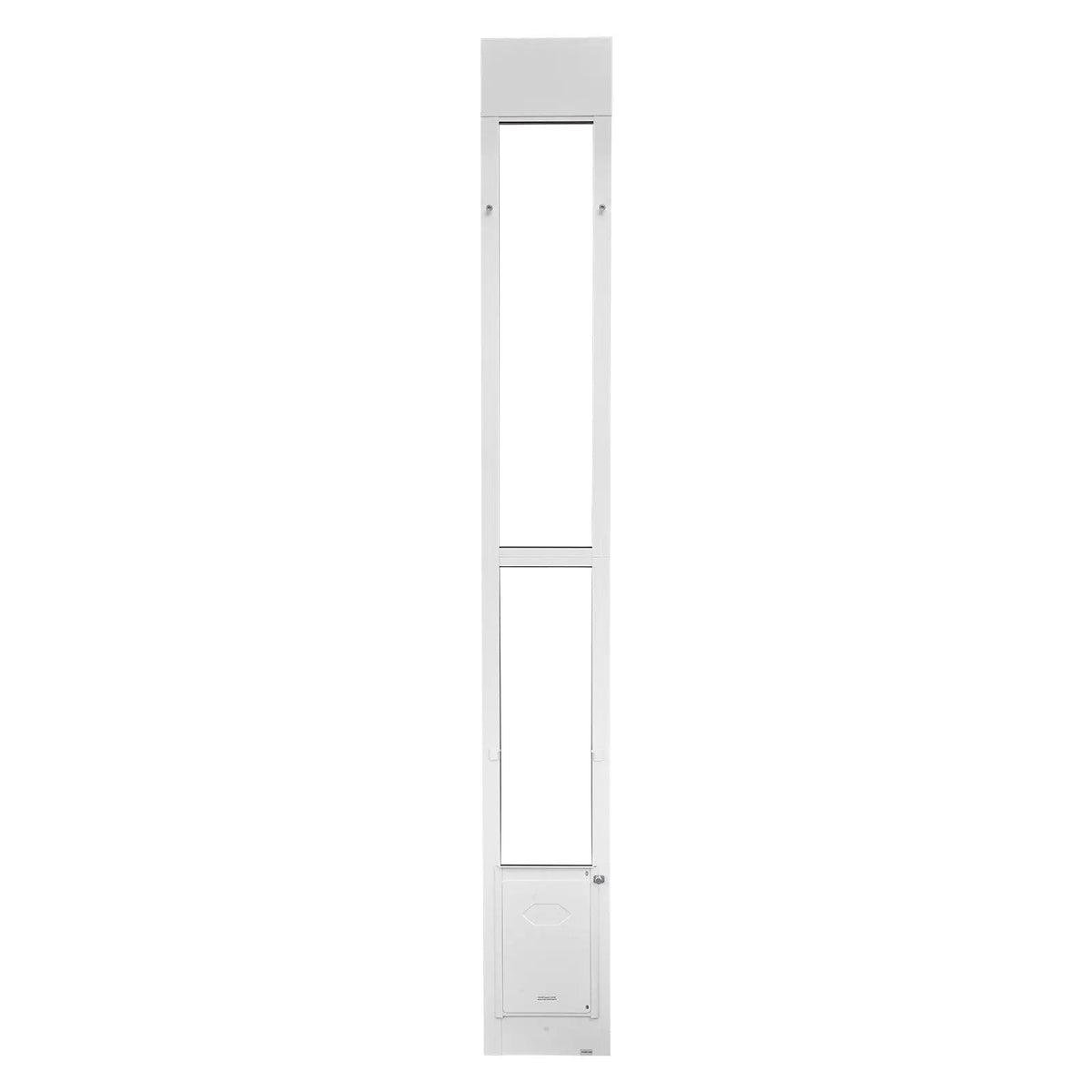S And B Enterprise sliding glass dog door; aluminum frame, rotating hinges, adjustable 91-96 in, 8.25x12.25 in flap.
