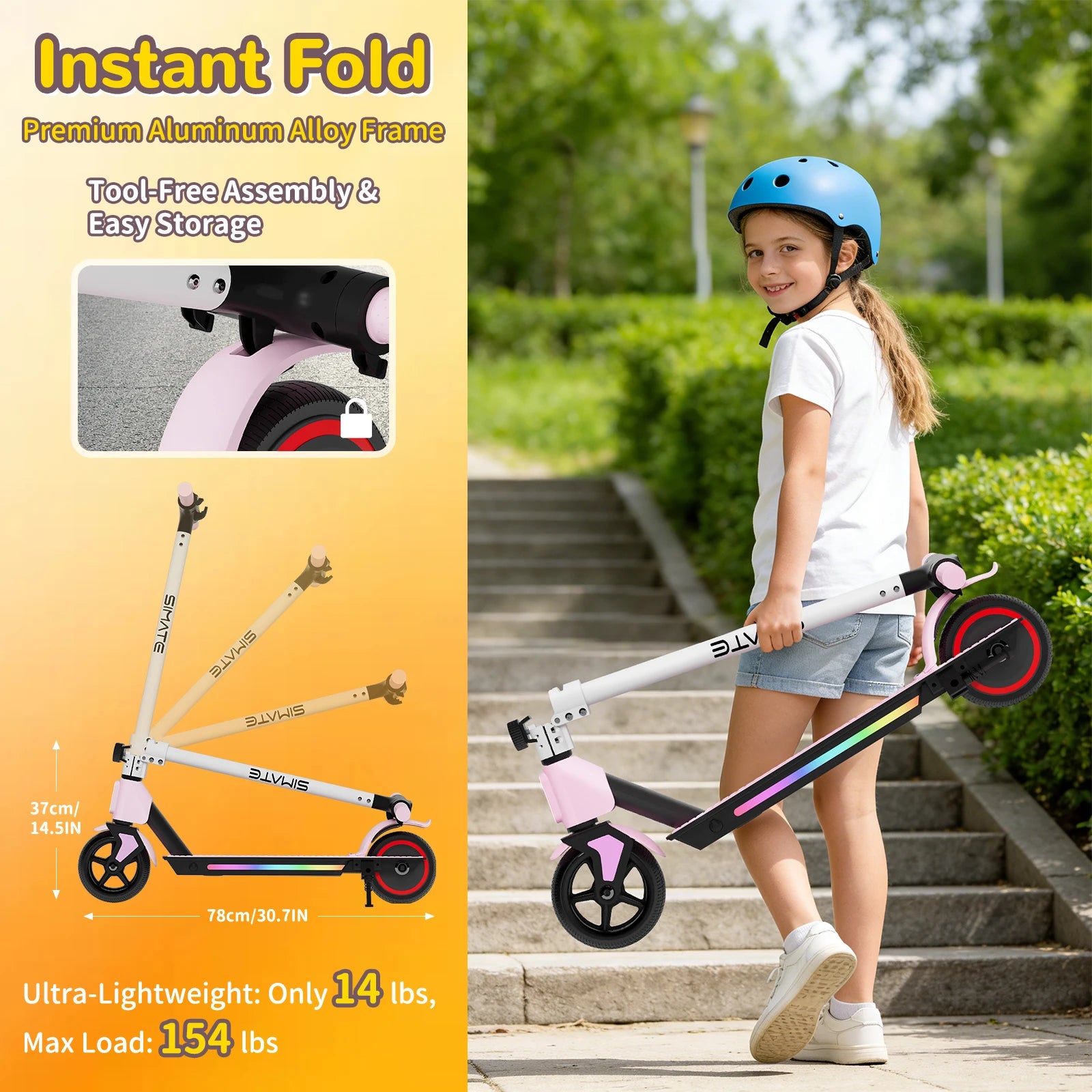 SIMATE kids’ foldable scooter with aluminum alloy frame; girl in blue helmet with pink scooter and fold mechanism.