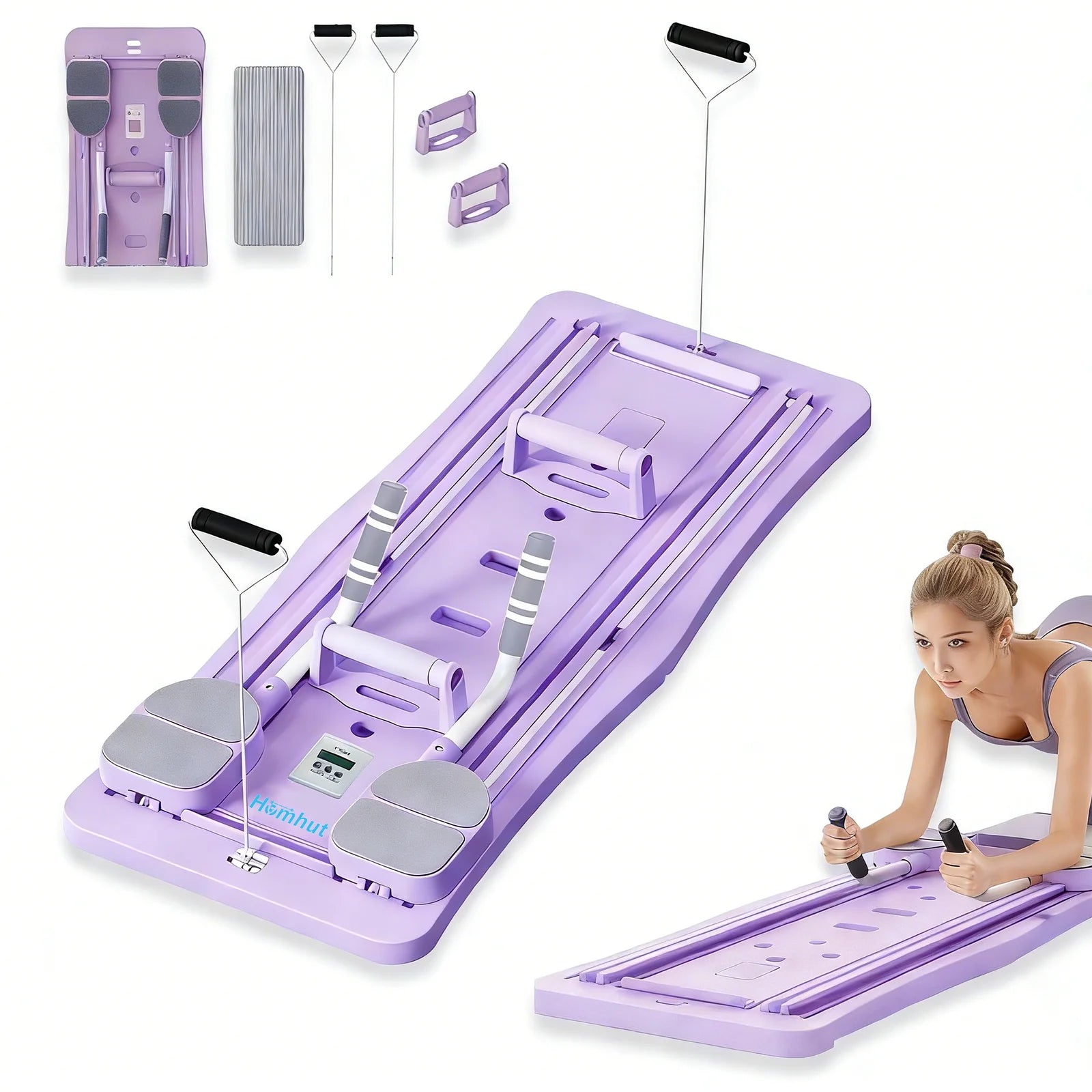 Pilates sliding board reformer in purple by Himhut with foldable frame and resistance bands