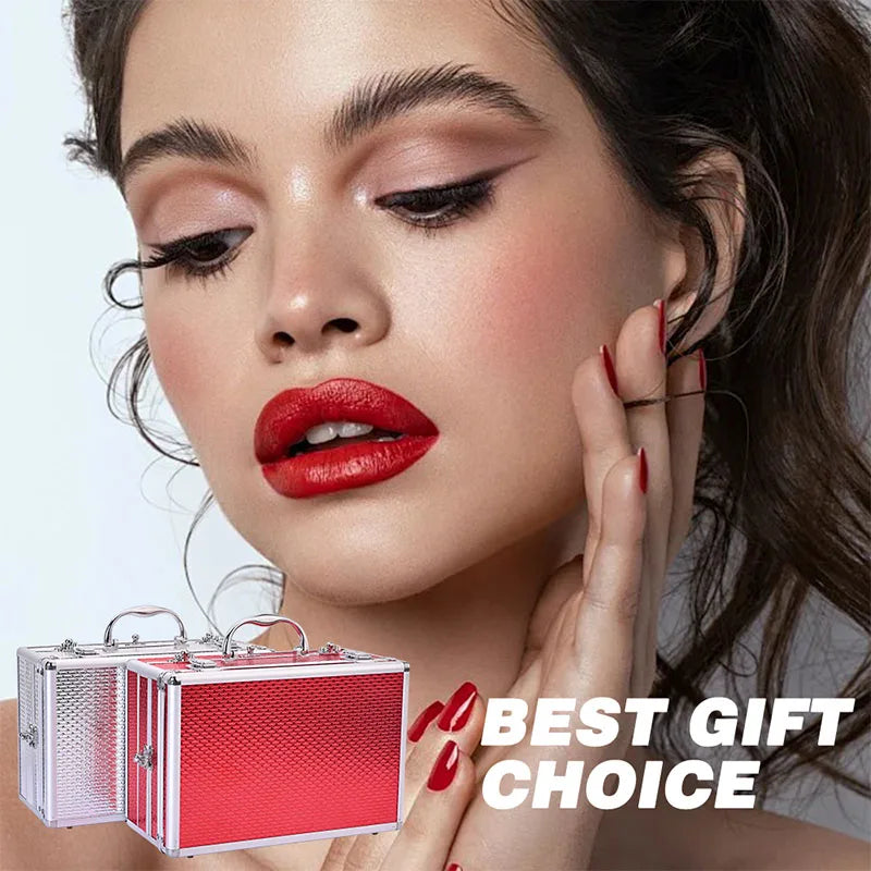 All-In-One Makeup Gift Kit, two red metallic cases with silver trim; portable and beginner-friendly