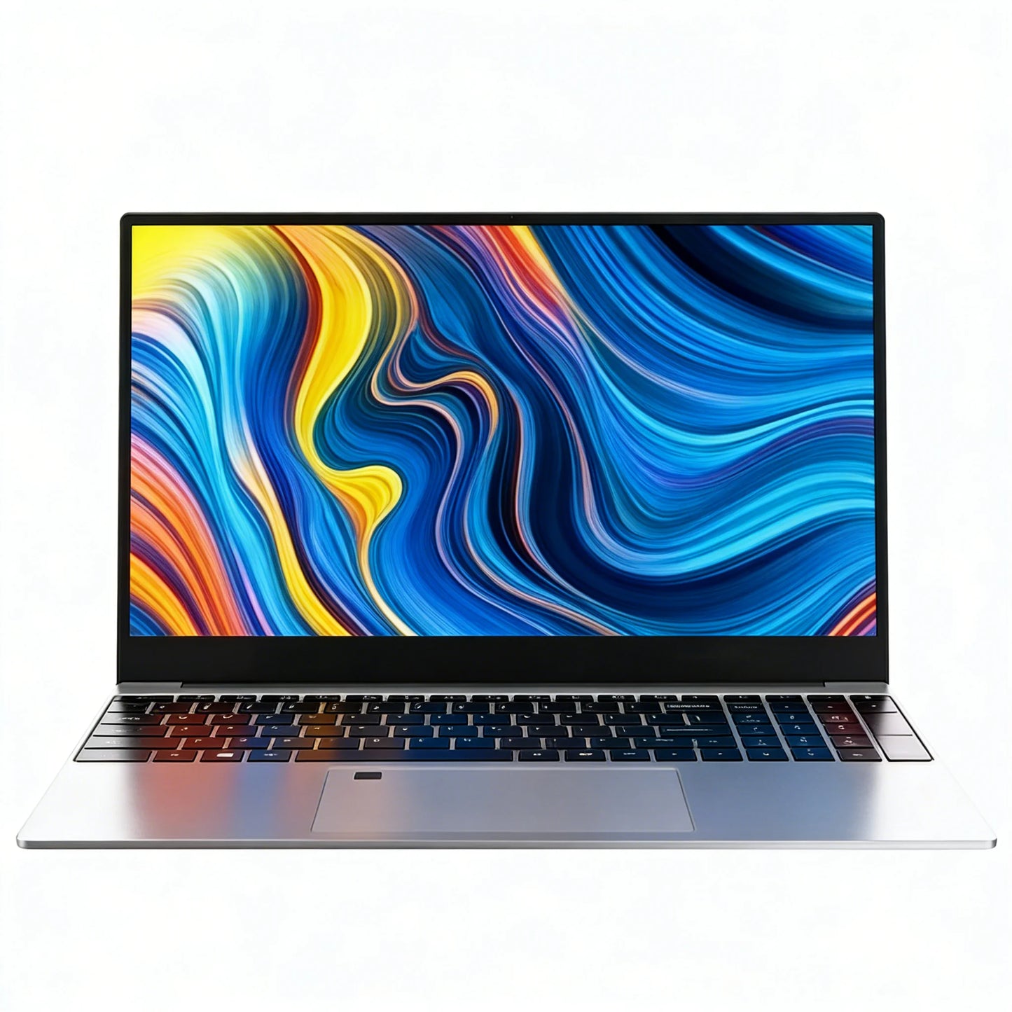 S And B Enterprise Core i9 office laptop in silver, open to show a vibrant 1080p display and fingerprint unlock