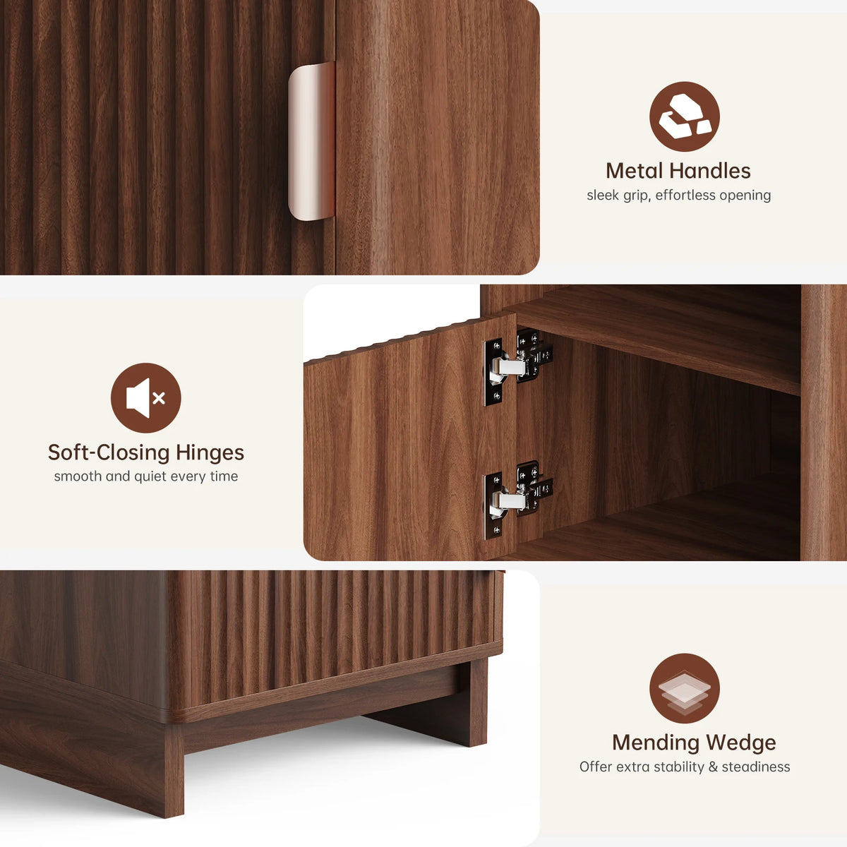 TinyNest nightstand in warm wood finish with fluted sides, metal handle, and open shelf with storage drawers