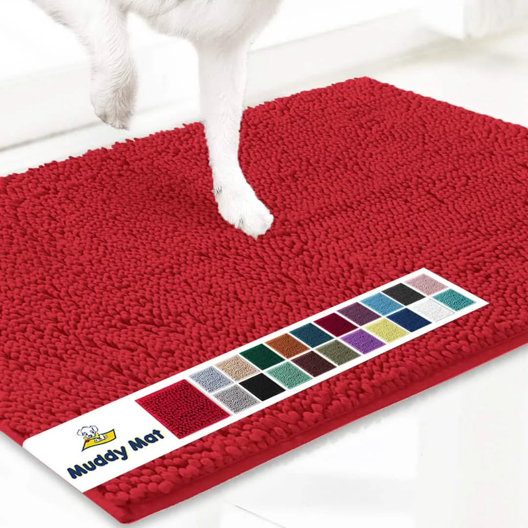 Muddy Mat red microfiber doormat with color-swatch card and a white dog paw stepping on it