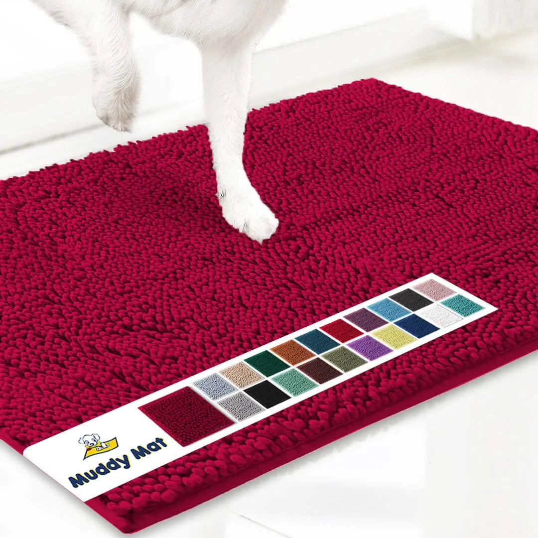 Original Muddy Mat red microfiber doormat with paw-cleaning texture; swatch label and S And B Enterprise logo visible