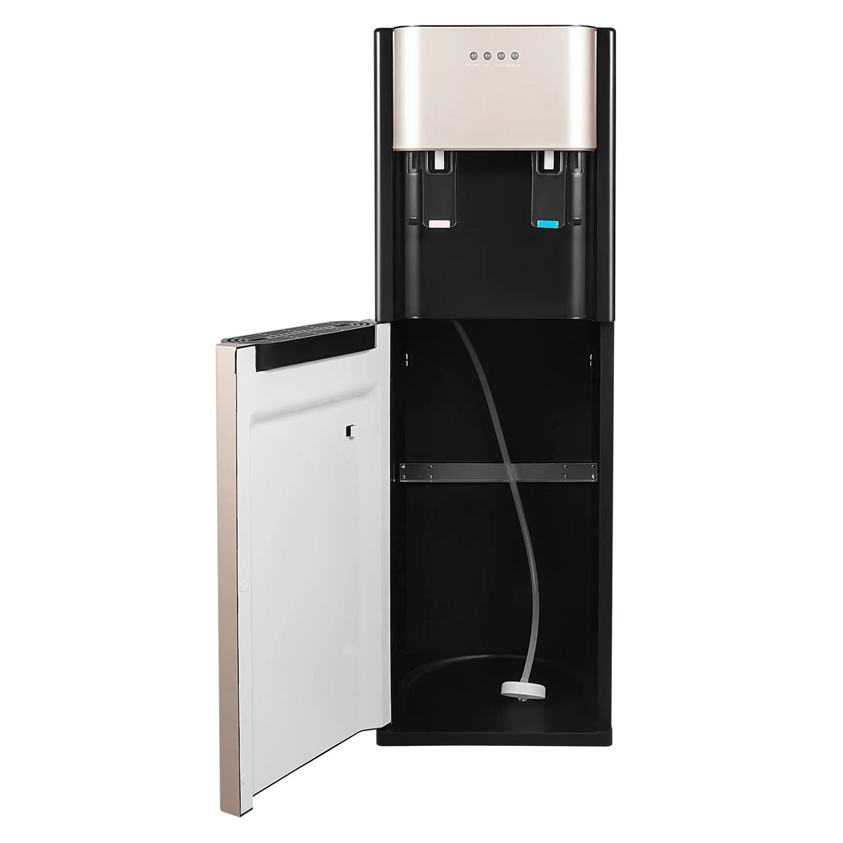 S And B Enterprise bottom-loading water dispenser with stainless steel liner and black cabinet, dual taps