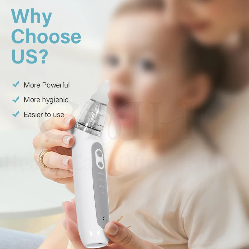 Electric baby nasal aspirator, white with gray panel, 3 suction modes, rechargeable.