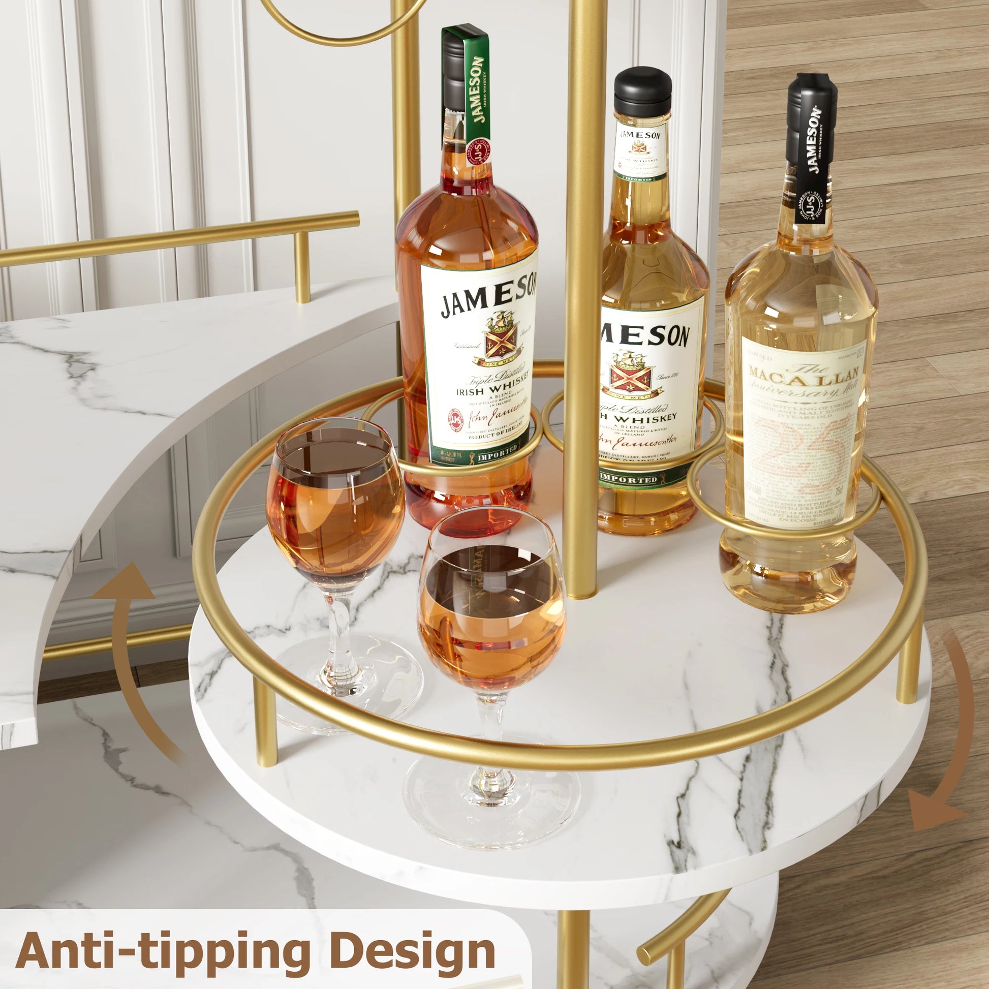 3-Tier Drinks Trolley Bar Cart with Wheels, gold frame, three Jameson whiskey bottles