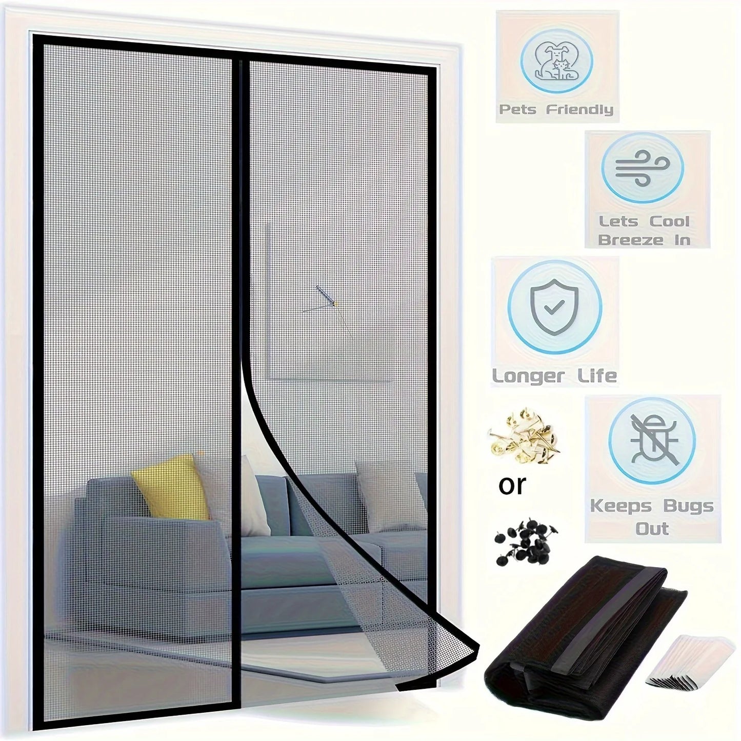 S And B Enterprise magnetic door screen mesh insect net for sliding doors, black frame.