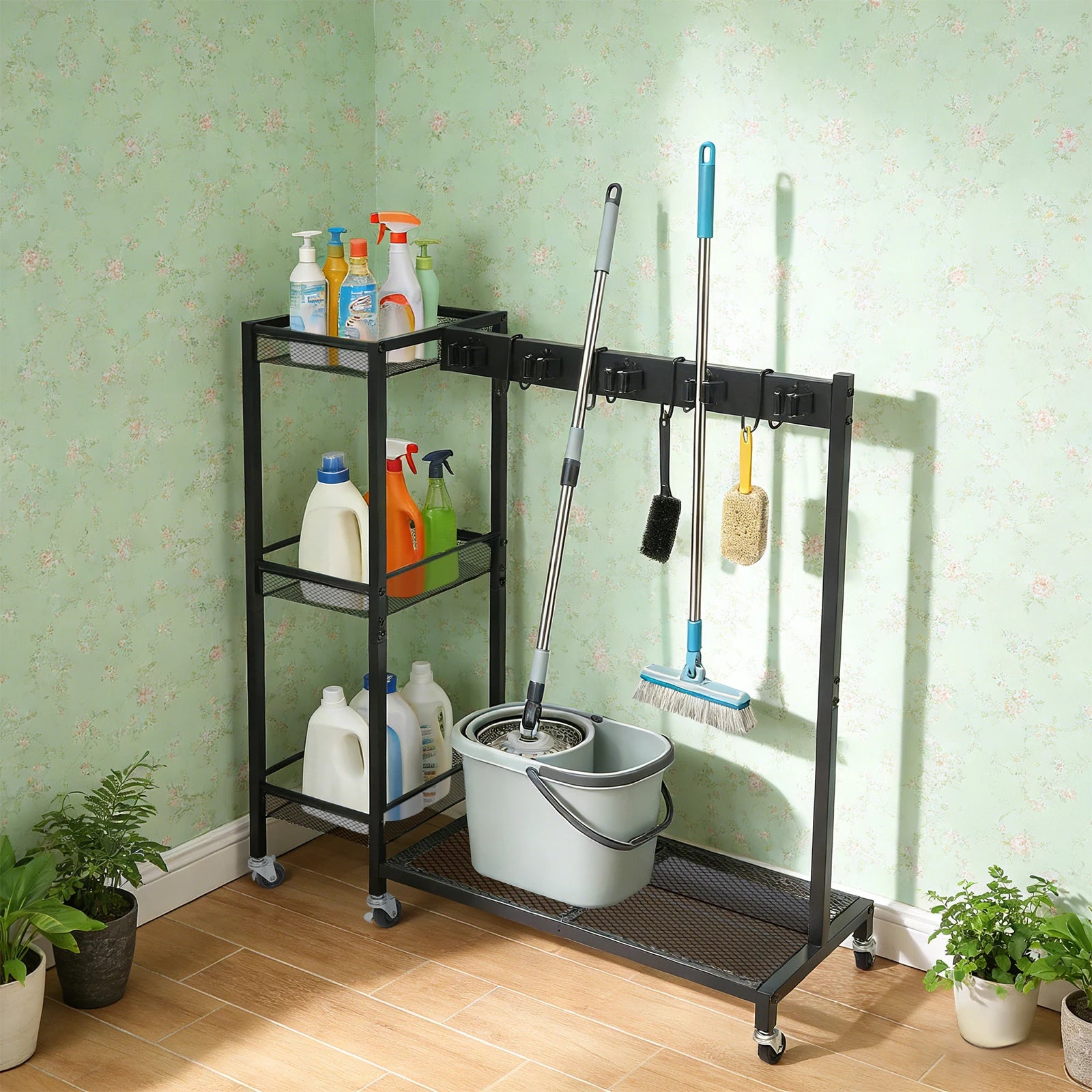 Iron Cleaning Tool Storage Cart On 6 Wheels With Hooks And Shelves by S And B Enterprise
