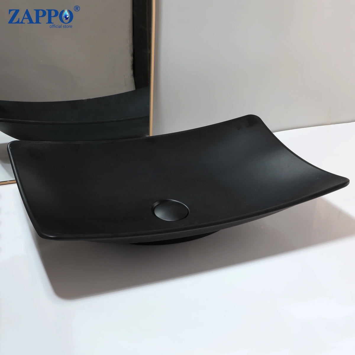 ZAPPO black stone-resin bathroom vessel sink with drain, above-counter bowl