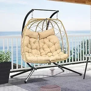 Outdoor Two Person Egg Swing Chair With Stand And Cushions