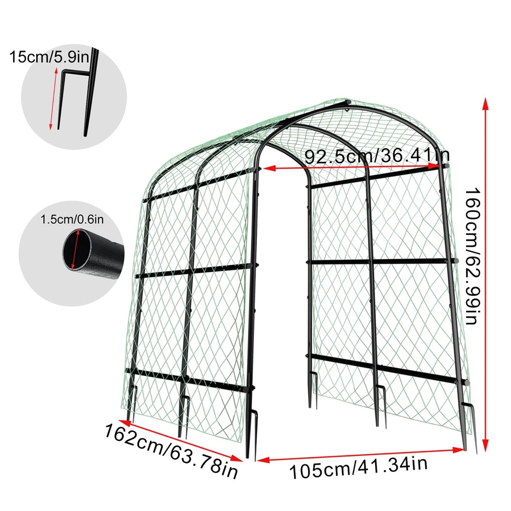 U-shaped metal garden plant trellis, 160 cm tall with green netting for climbing vegetables, by S And B Enterprise.