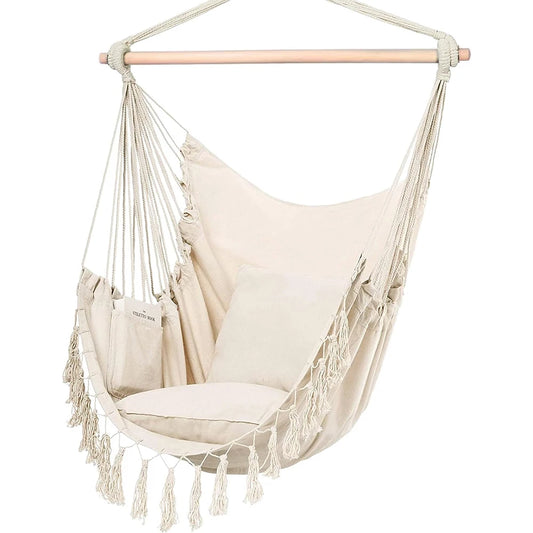 Macrame hanging chair with beige fabric, 2 pillows, pocket design, cotton rope, wooden bar, fringe for indoor/outdoor use