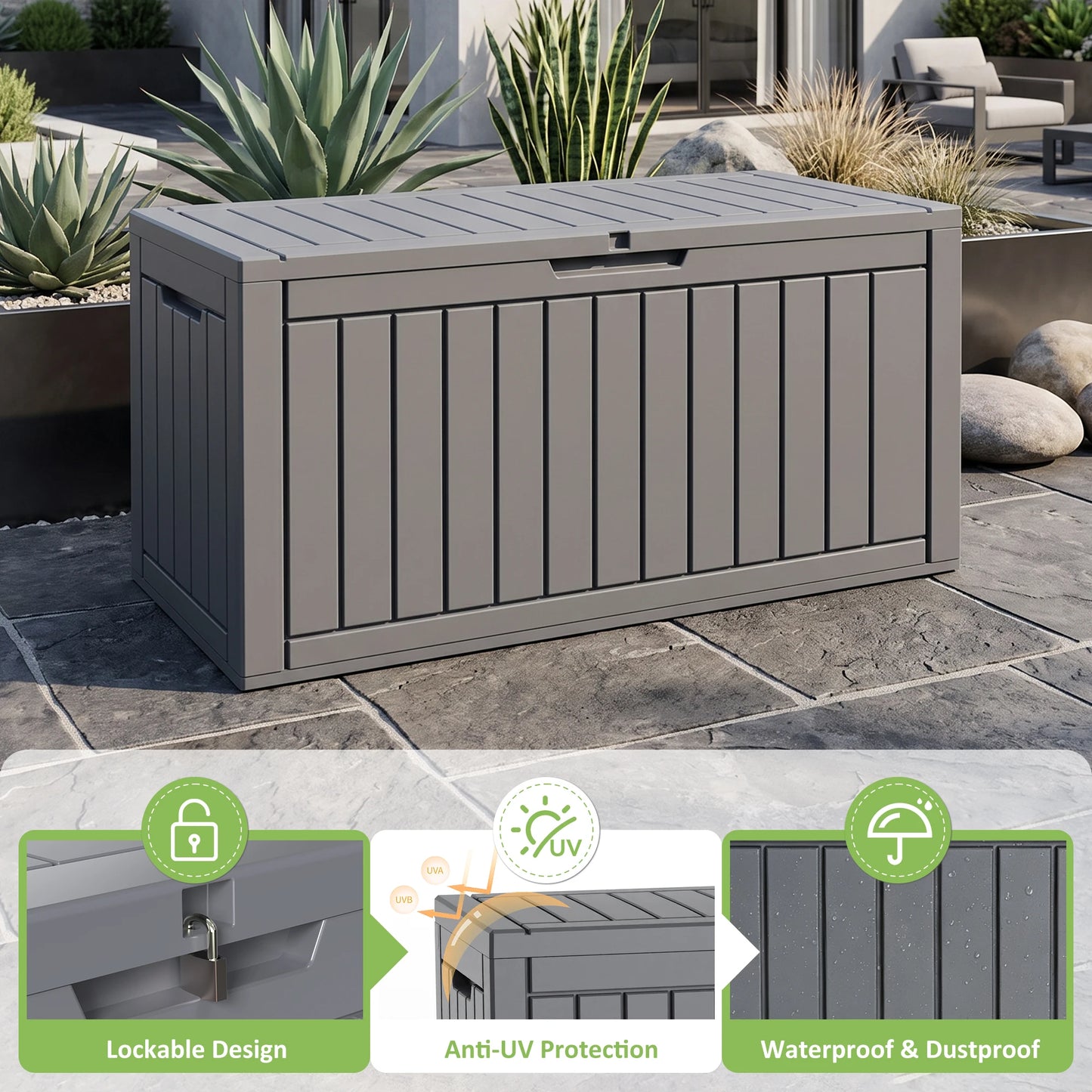 90 Gallon outdoor deck storage box in gray weather-resistant plastic with a slatted lid.