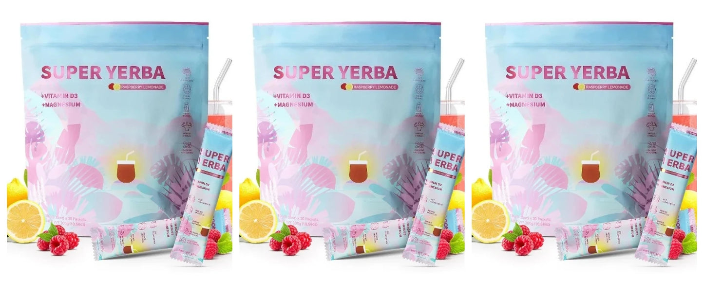 Yerba Instant Powder 30 Packets Contain Raspberry Lemonade Flavor Vitamin D3 Prebiotics Support Gut Clean and Provide Energy by S And B Enterprise