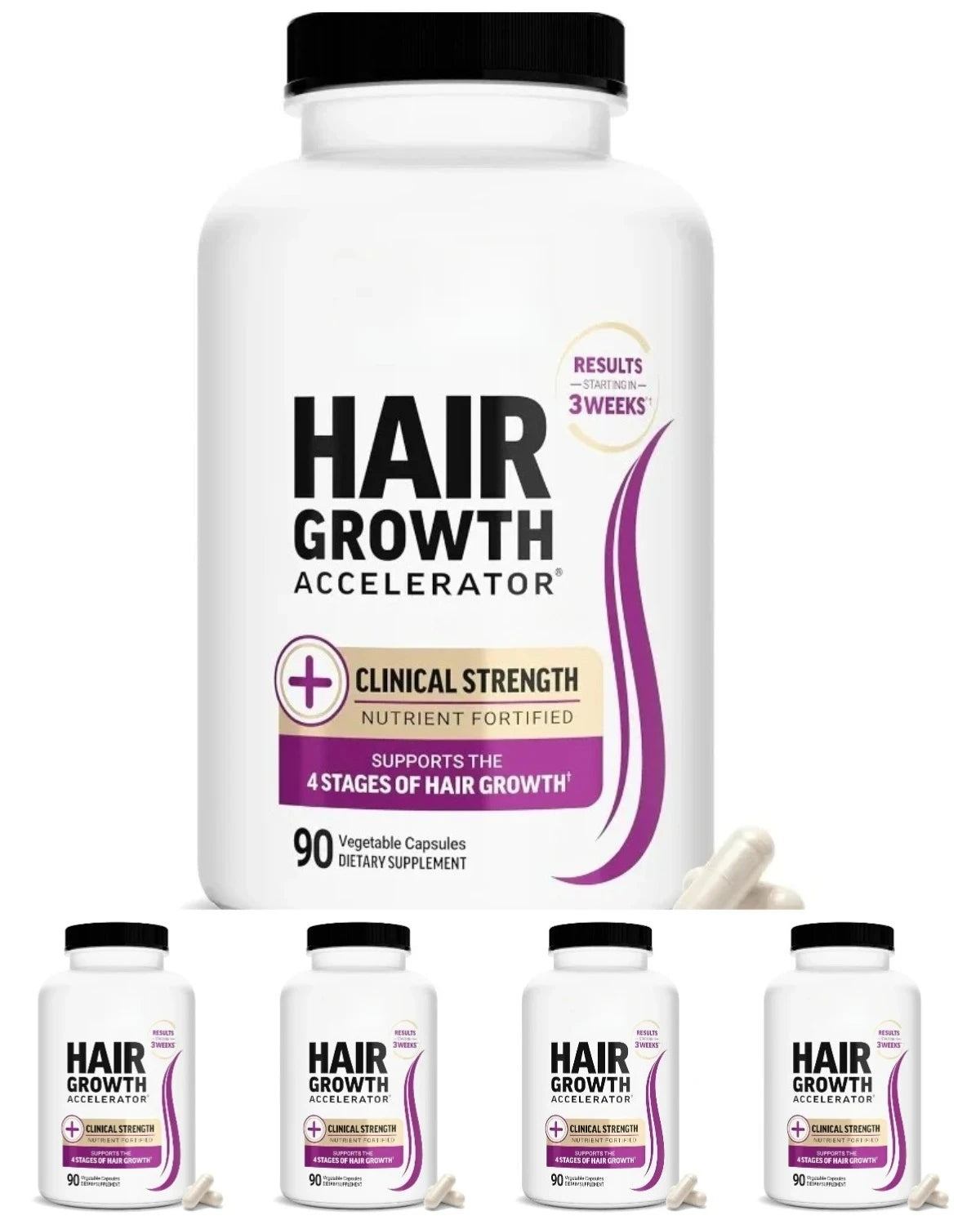 Hair Growth Accelerator set of 5 bottles by S And B Enterprise; black-capped bottles, 90 capsules, clinical strength