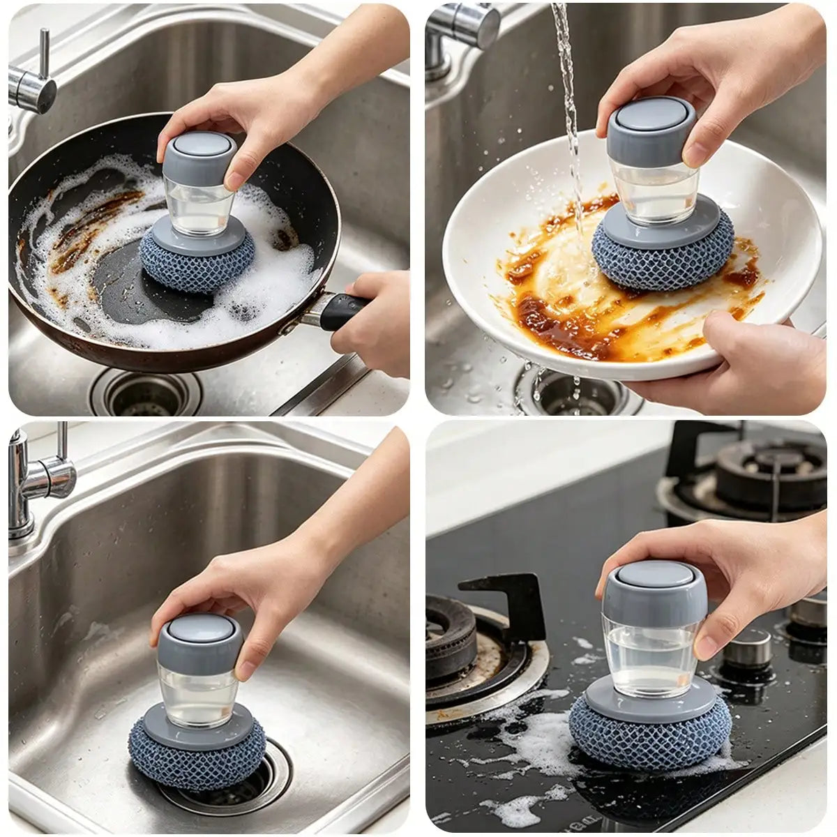 Self-filling dish soap dispenser brush with gray lid and blue mesh scrubber by S And B Enterprise.