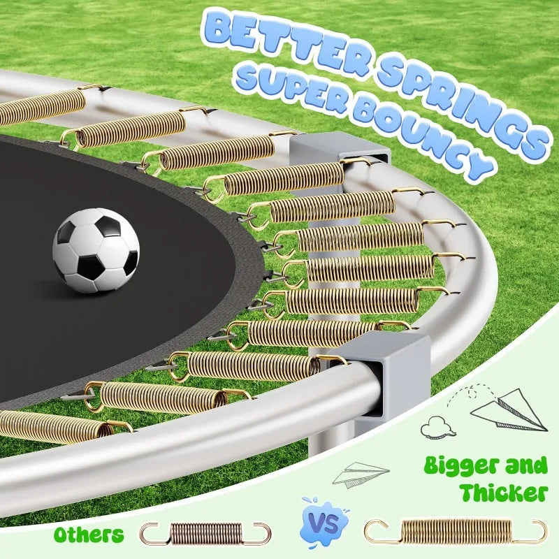 Round outdoor trampoline with exposed gold springs on green grass; soccer ball on the mat.