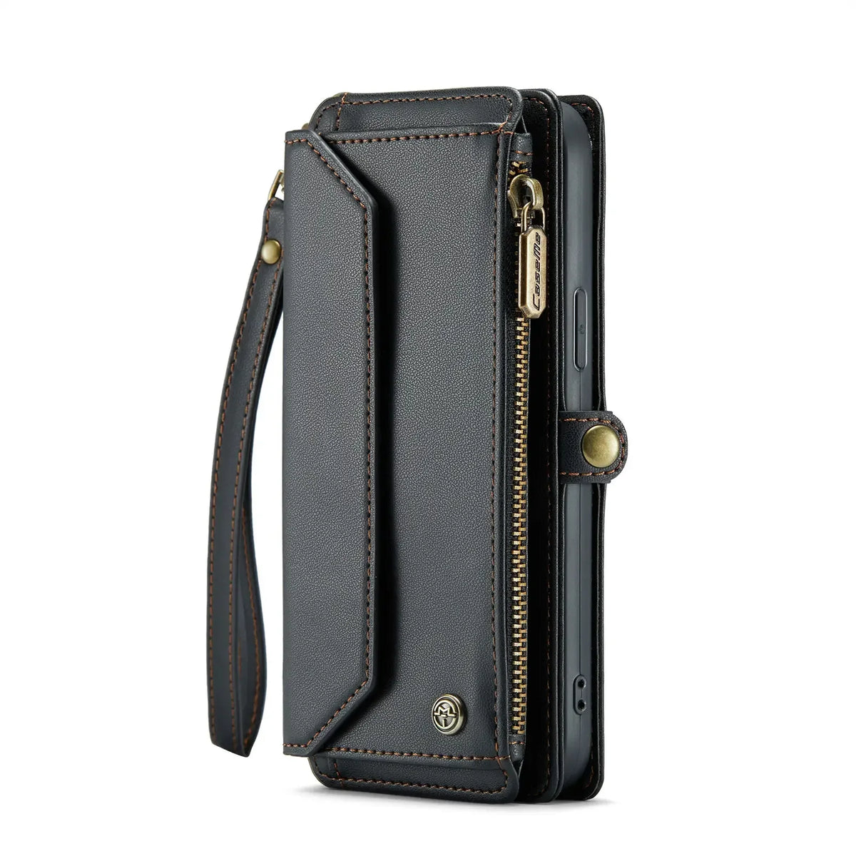 Crossbody iPhone wallet case by S And B, charcoal leather with RFID blocking, 7-card holder and zipper pocket