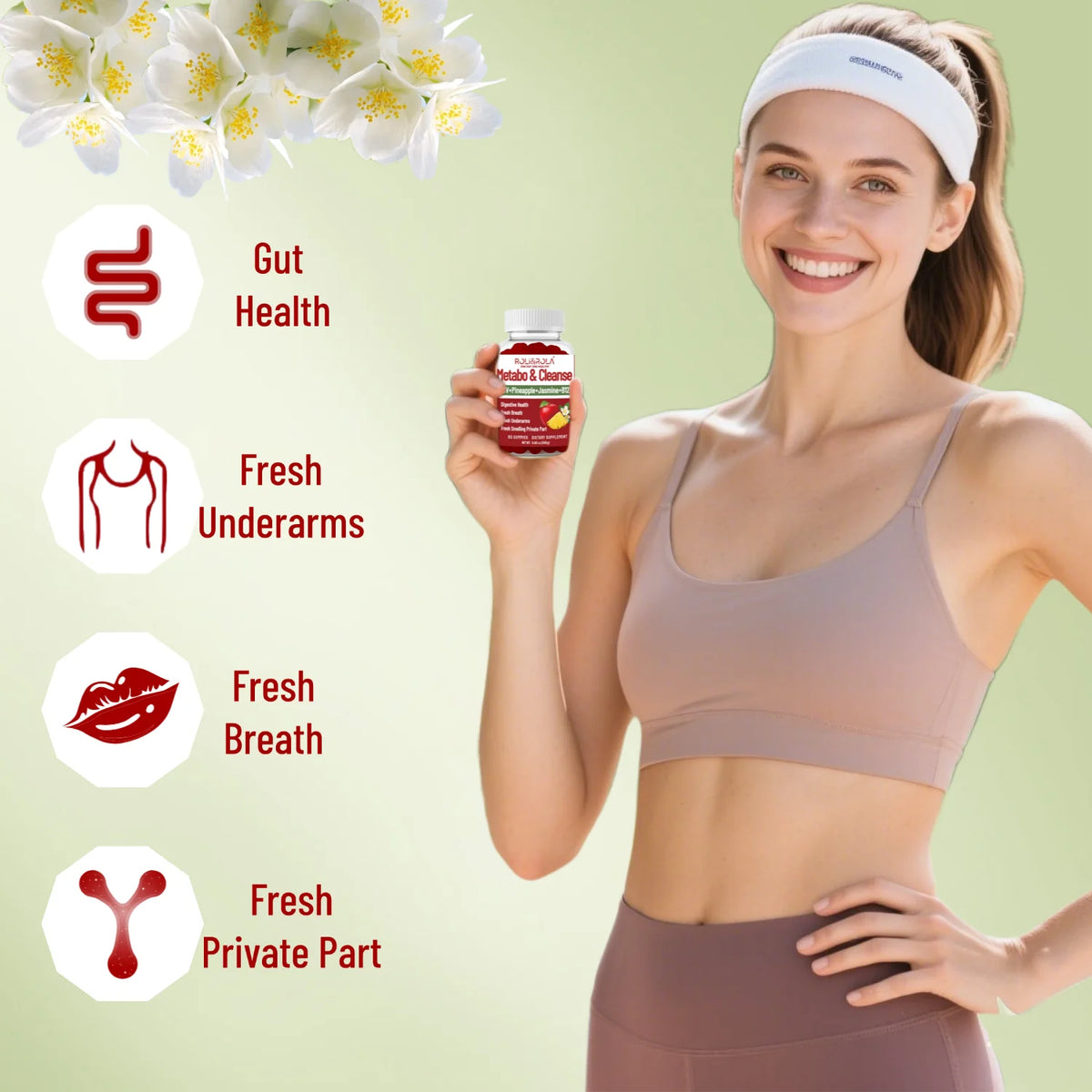 Summer Fresh Gut Health Extra Strength ACV Gummies bottle (60ct) held by a smiling fitness model; red bottle.