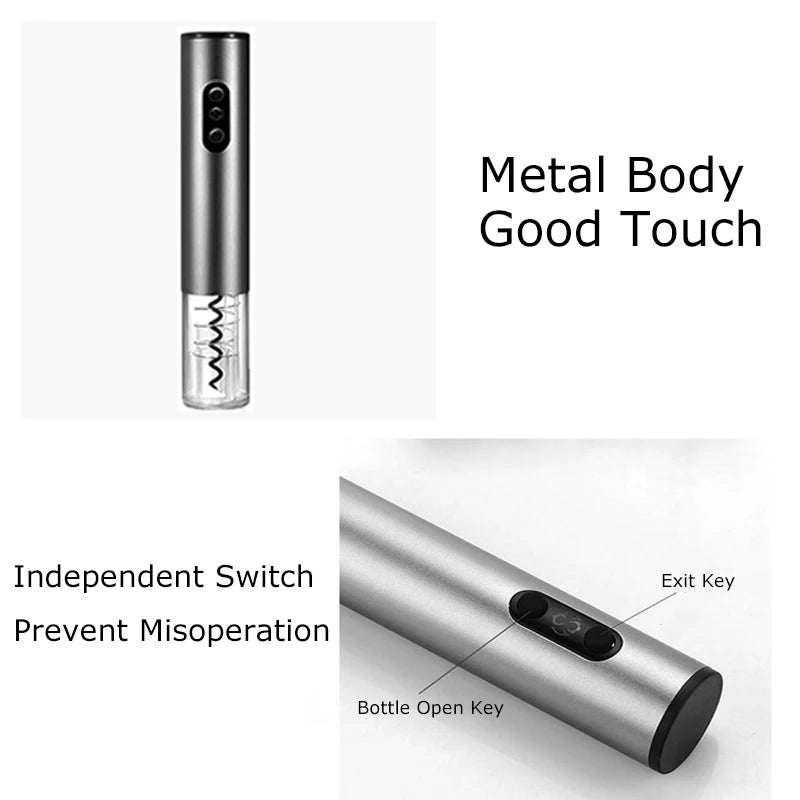 Electric wine opener with metal body, rechargeable corkscrew, USB charging cable included for home use.