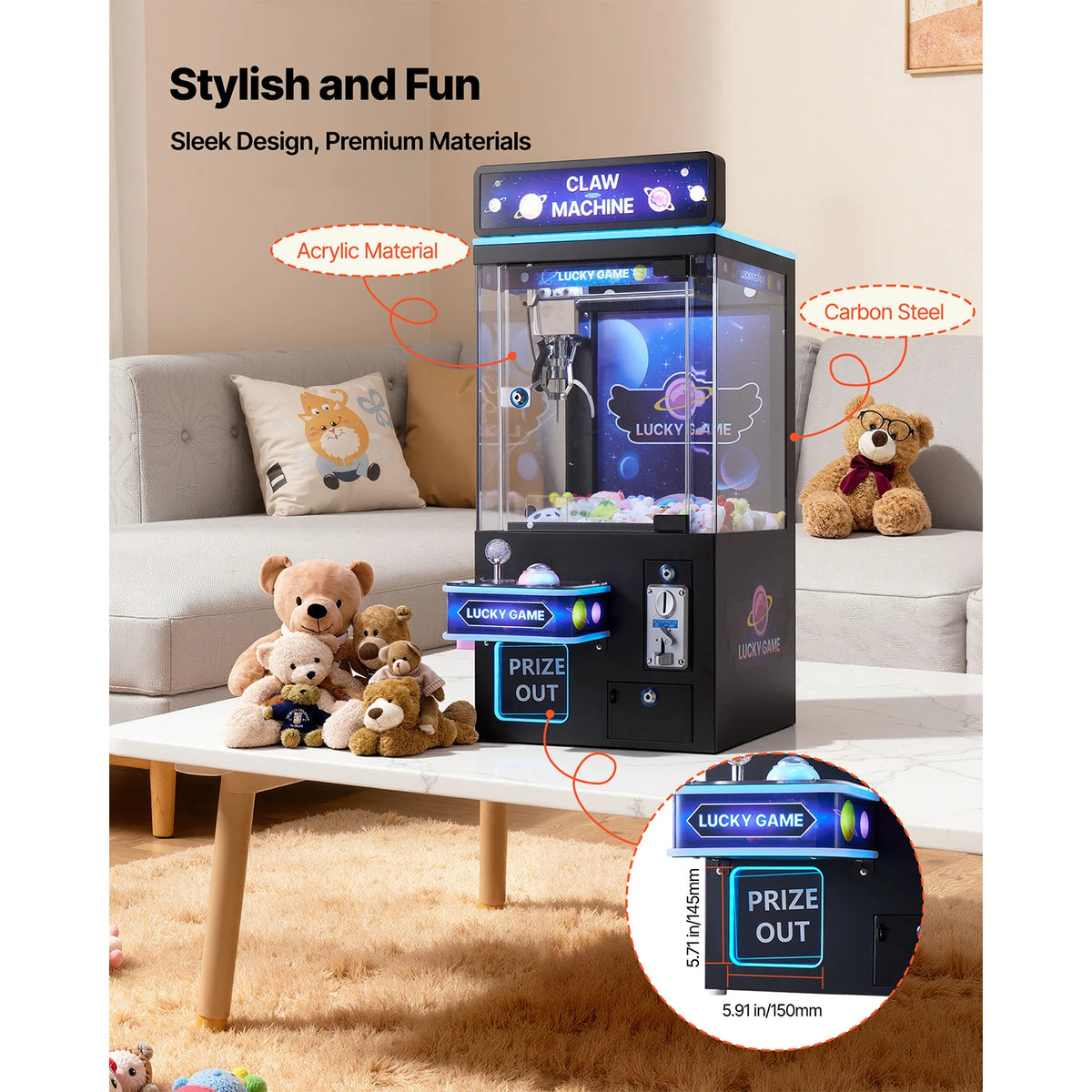 VEVOR Claw Crane Machine with acrylic panels, carbon steel body and blue trim; prize-out tray amid plush bears