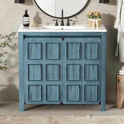 Bathroom vanity cabinet, 36-inch blue distressed solid-wood with ceramic sink basin