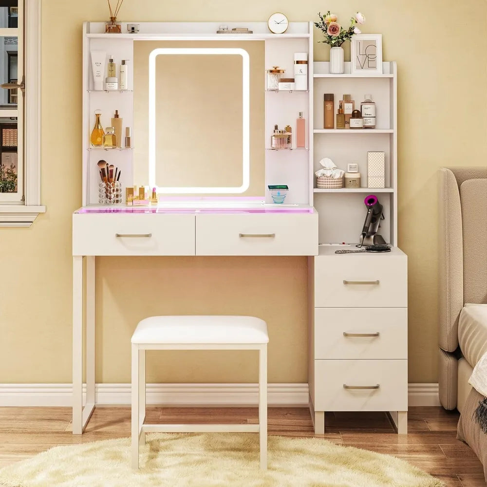 Glass Top Vanity Desk With LED Mirror And Wireless Charging by S And B Enterprise