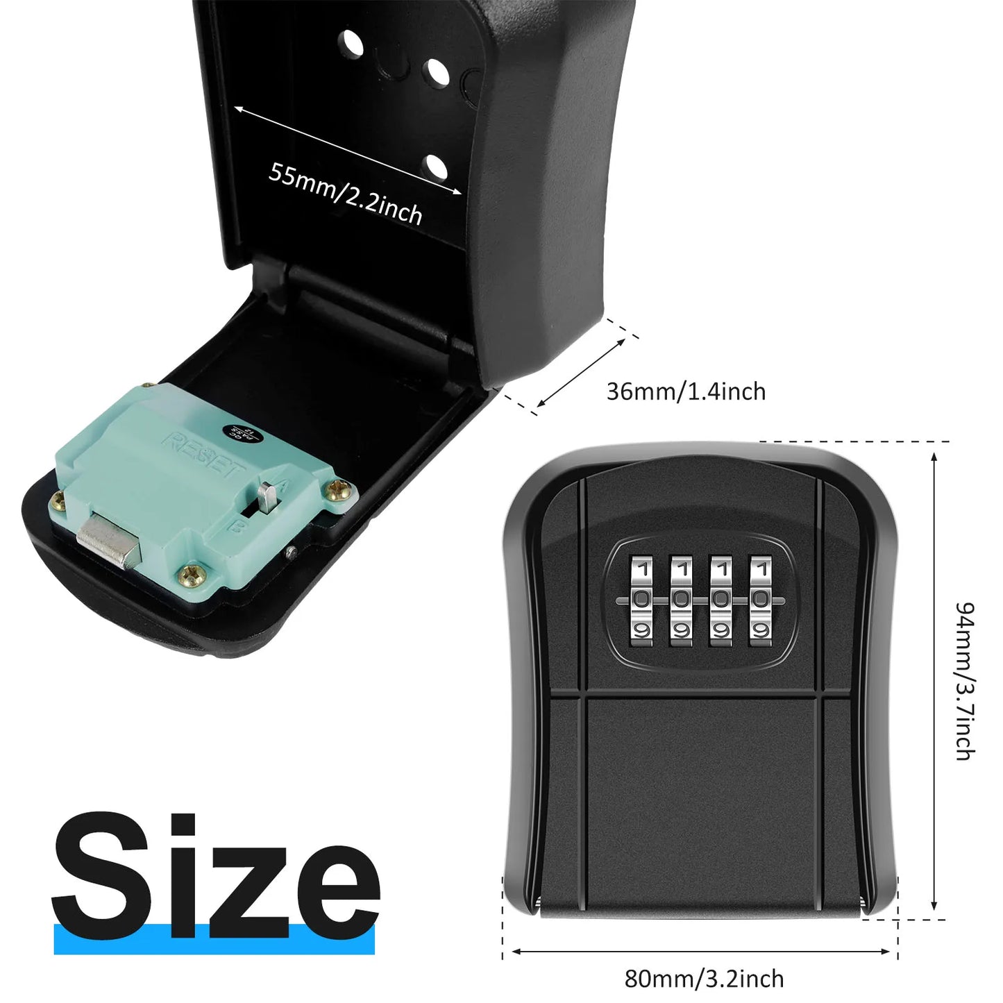 Key lock box wall-mount key safe with four-digit combo, black weatherproof organizer.