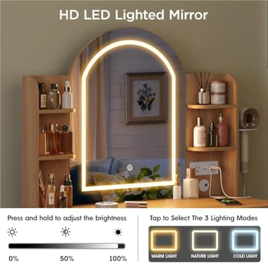Vanity Desk With Mirror Lights And Power Outlet Storage