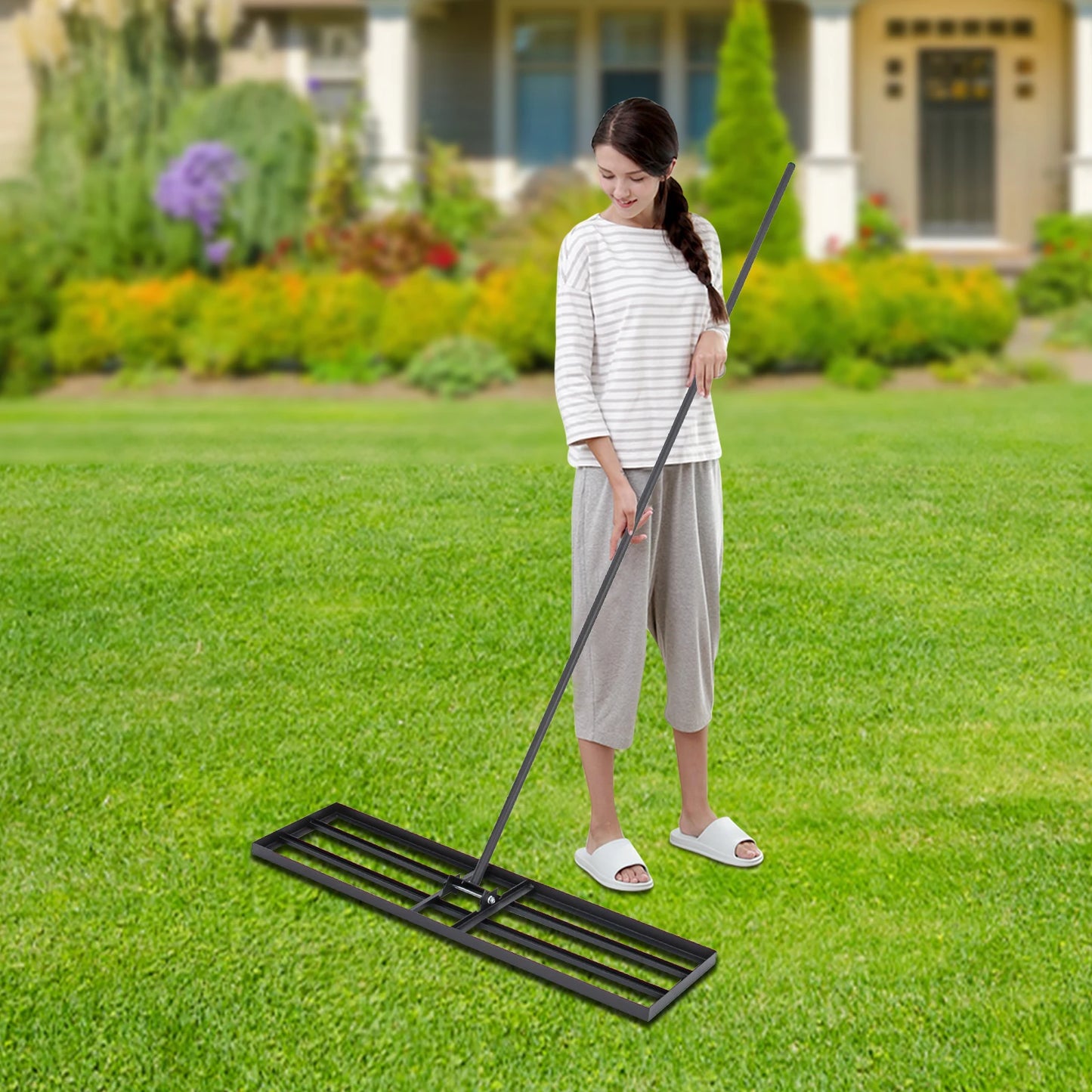 Steel lawn leveler rake with 5.7ft handle, adjustable angle, heavy-duty ground rake for yard and garden