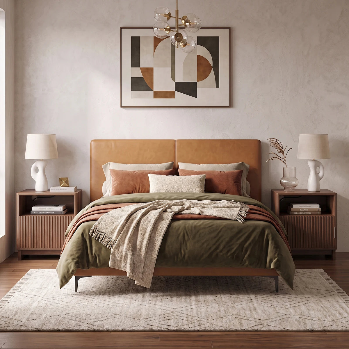 Two TinyNest nightstands with fluted wood finish, storage drawers and open shelves beside the bed.