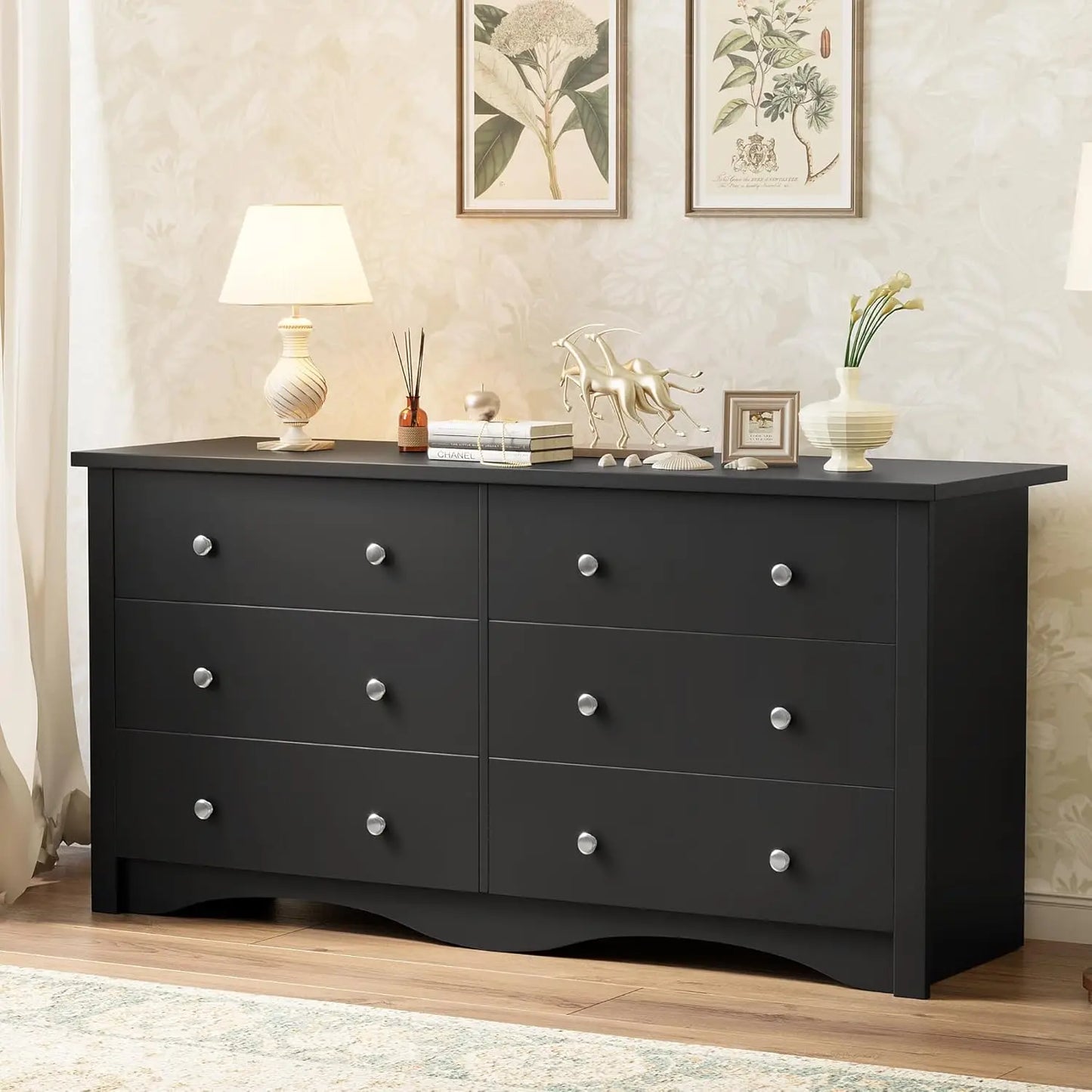 Six-Drawer Wood Dresser For Bedroom Hallway Storage And Organization